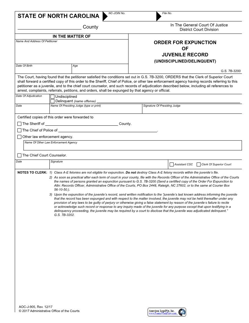 Order For Expunction Of Juvenile Record {J-905} | Pdf Fpdf Docx | North Carolina