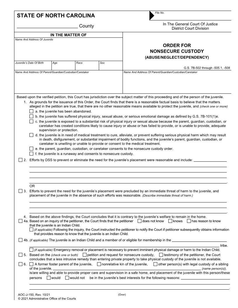 Order For Nonsecure Custody {J-150} | Pdf Fpdf Docx | North Carolina
