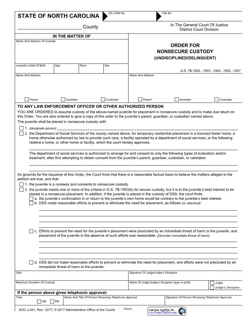 Order For Nonsecure Custody Undisciplined Delinquent {J-441} | Pdf Fpdf Docx | North Carolina