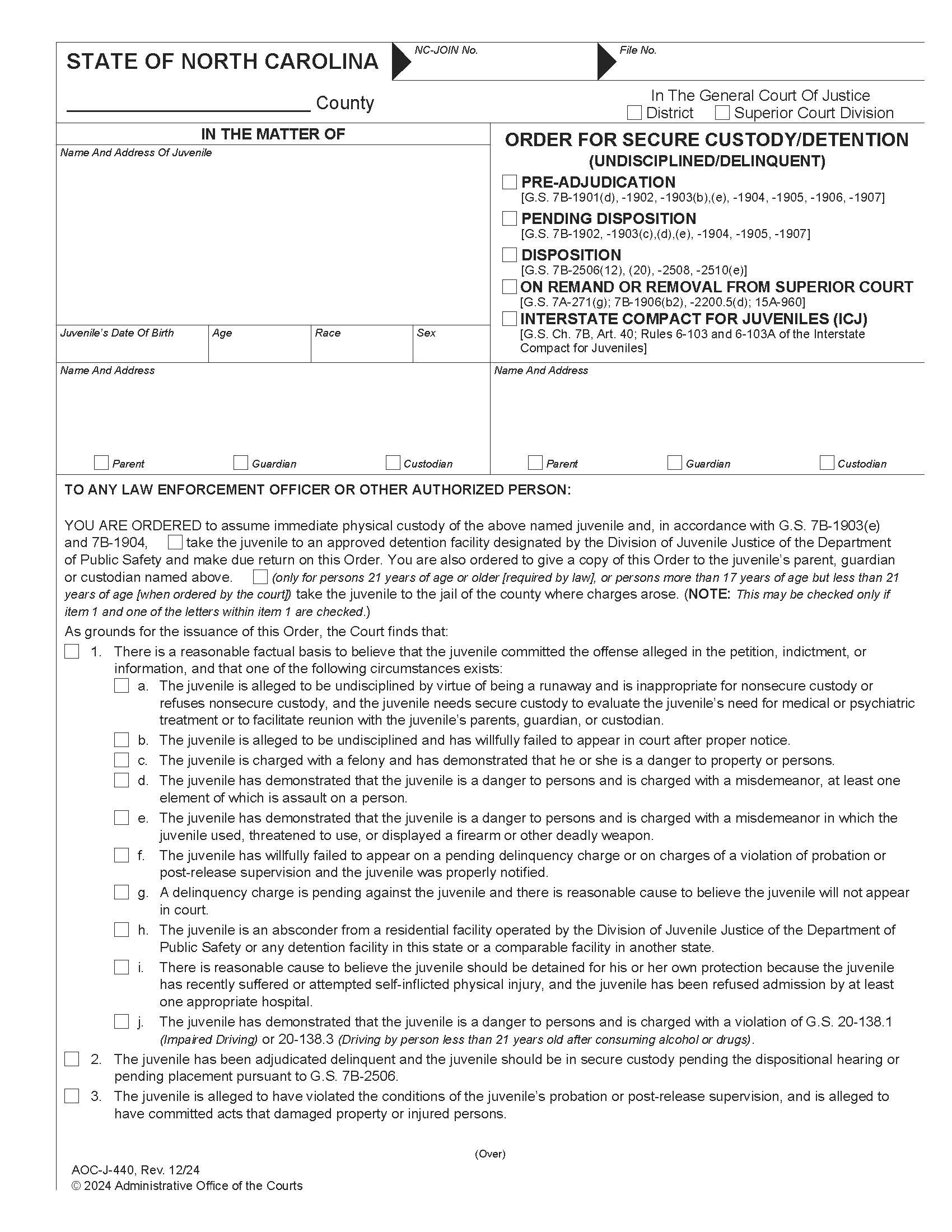 Order For Secure Custody Undisciplined Delinquent {J-440} | Pdf Fpdf Docx | North Carolina