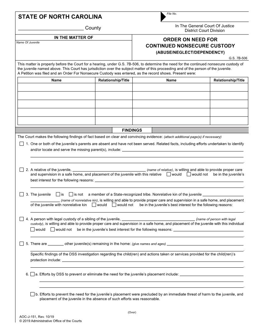 Order On Need For Continued Nonsecure Custody {J-151} | Pdf Fpdf Doc Docx | North Carolina