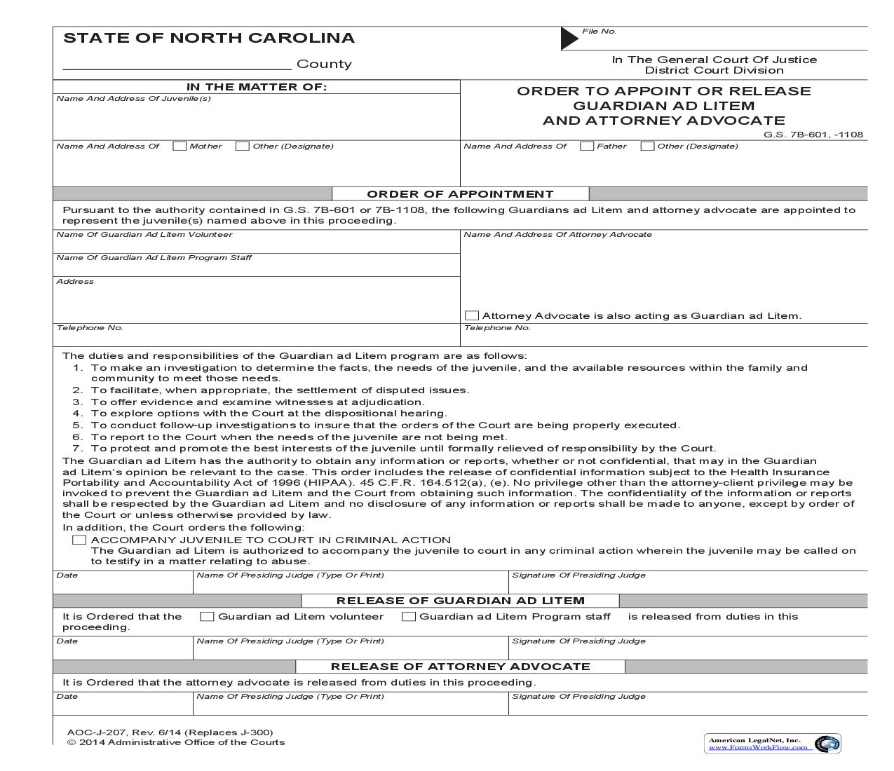 Order To Appoint Or Release Guardian Ad Litem And Attorney Advocate {J-207} | Pdf Fpdf Doc Docx | North Carolina
