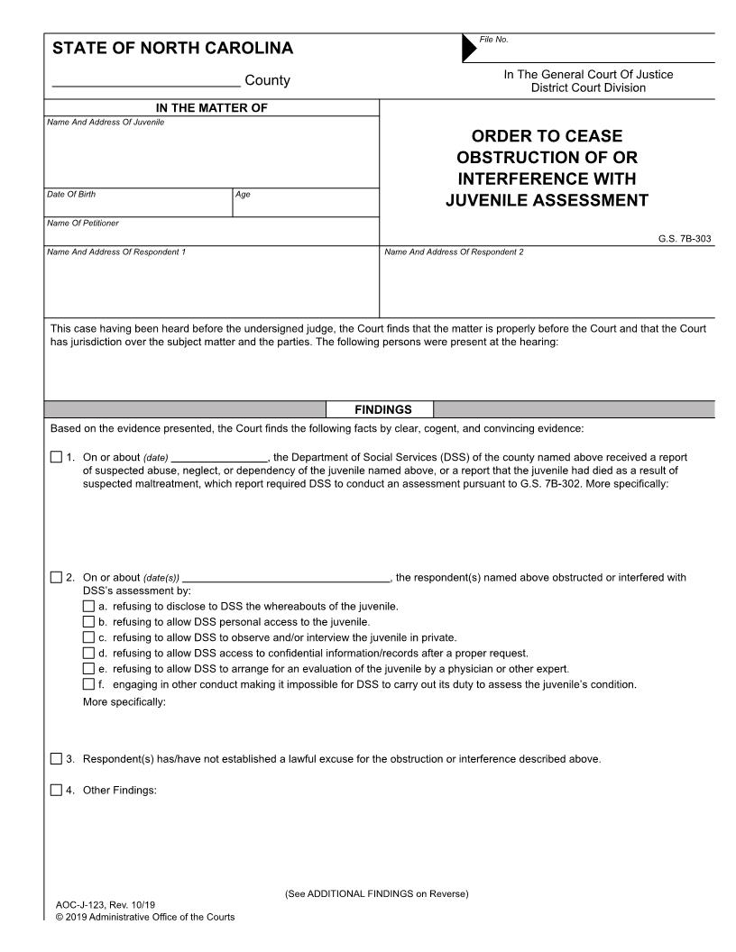 Order To Cease Obstruction Of Or Interference With Juvenile Investigation {J-123} | Pdf Fpdf Doc Docx | North Carolina