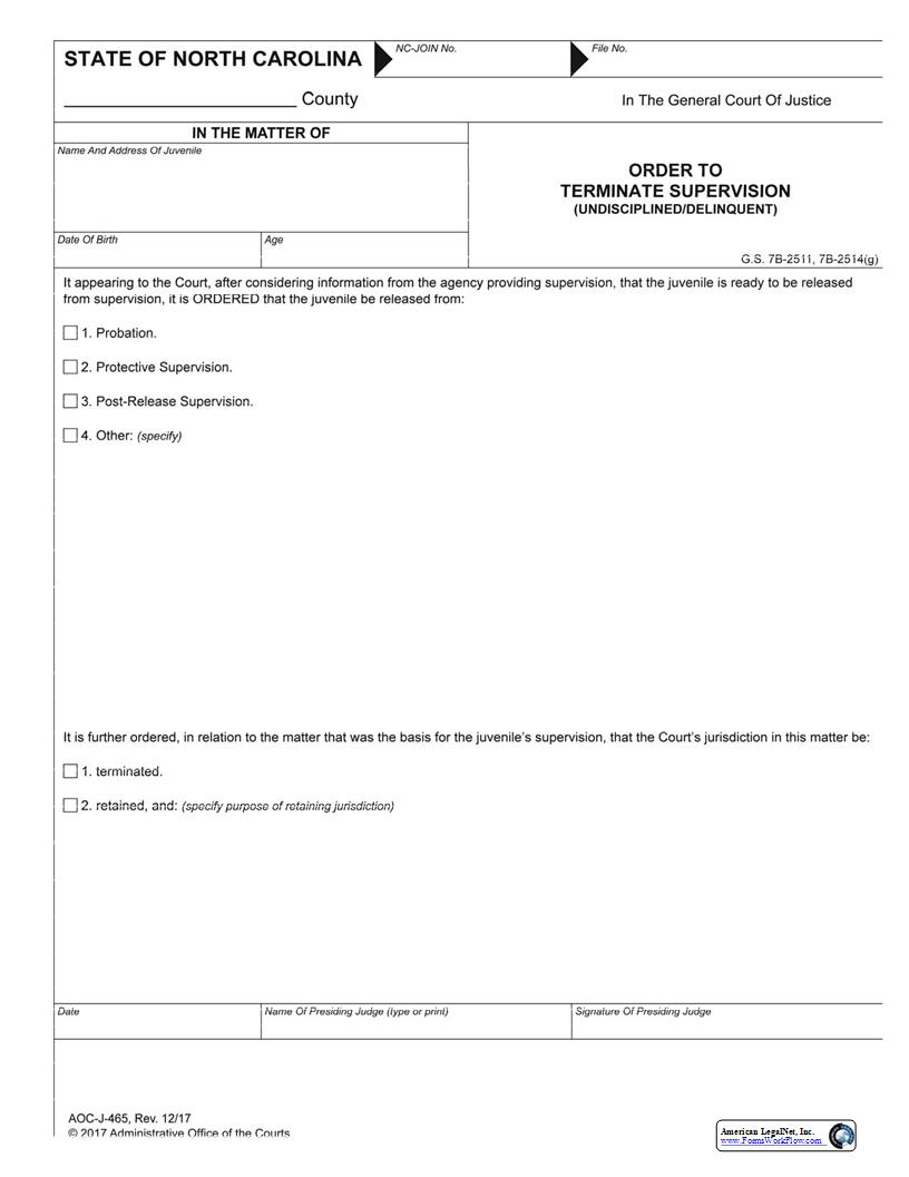 Order To Terminate Supervision Undisciplined Delinquent {J-465} | Pdf Fpdf Docx | North Carolina