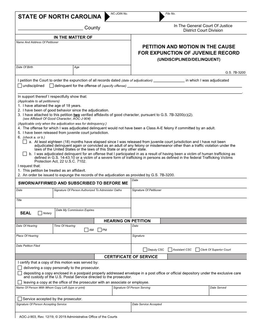 Petition And Motion In The Cause For Expunction Of Juvenile Record {J-903M} | Pdf Fpdf Doc Docx | North Carolina