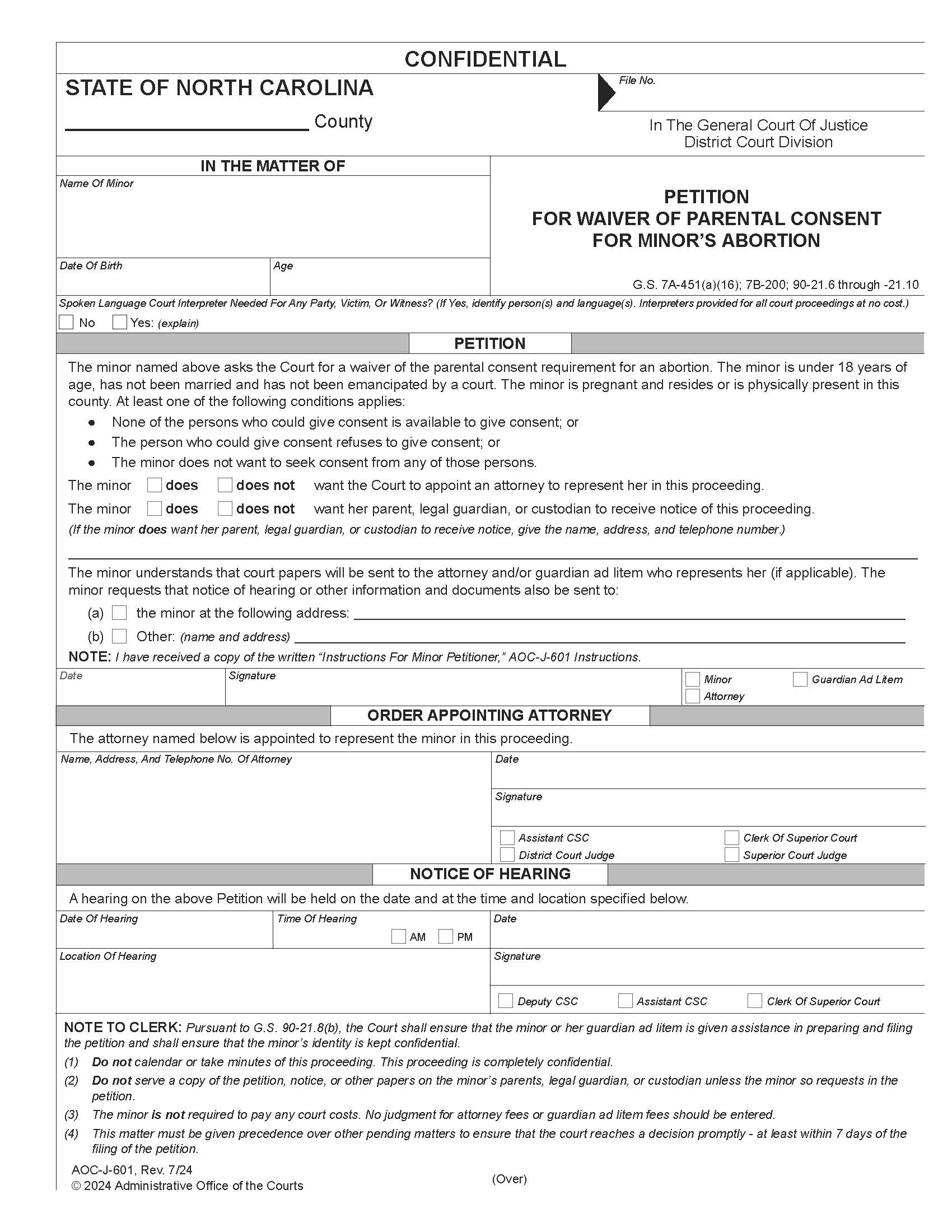 Petition For Waiver Of Parental Consent For Minors Abortion {J-601} | Pdf Fpdf Doc Docx | North Carolina