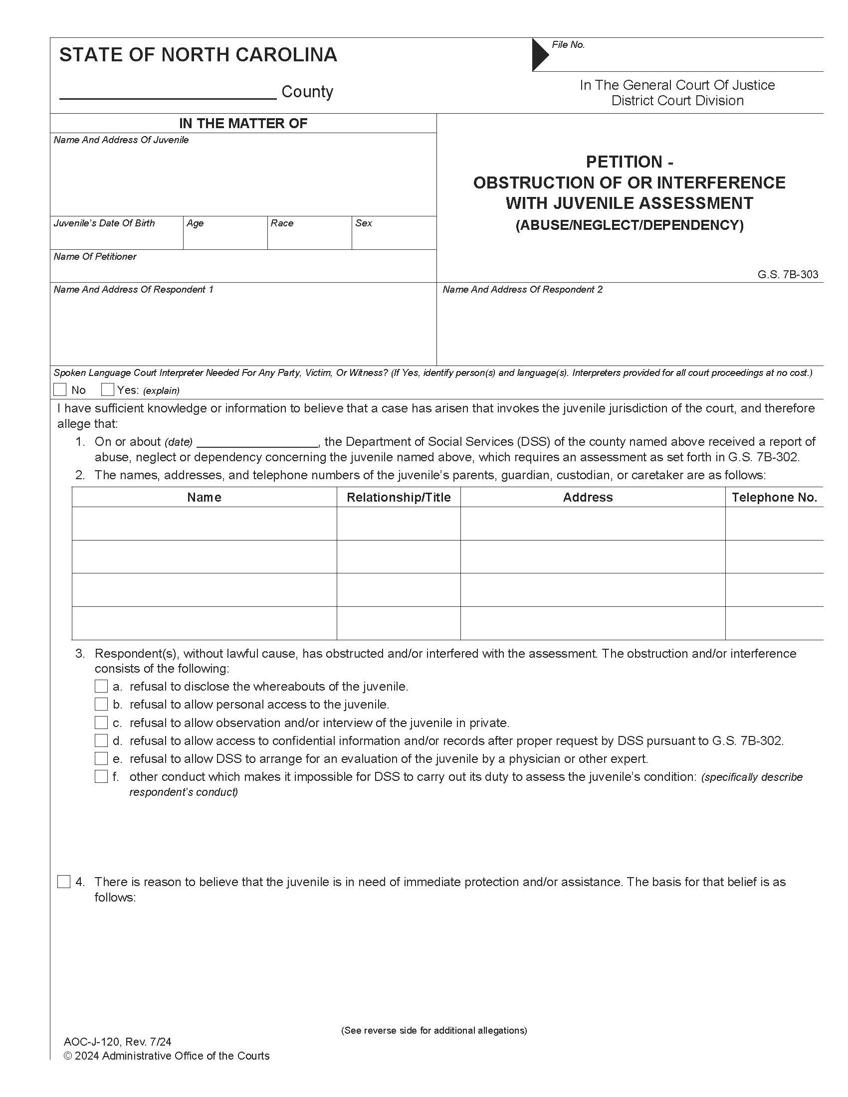 Petition Obstruction Of Or Interference With Juvenile Investigation Abuse Neglect Dependency {J-120} | Pdf Fpdf Docx | North Carolina