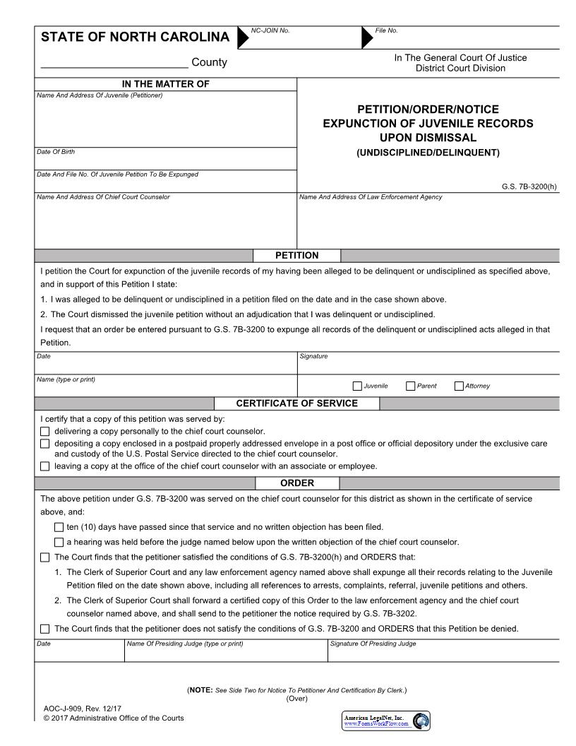 Petition Order Notice Expunction Of Juvenile Records Upon Dismissal {J-909M} | Pdf Fpdf Docx | North Carolina