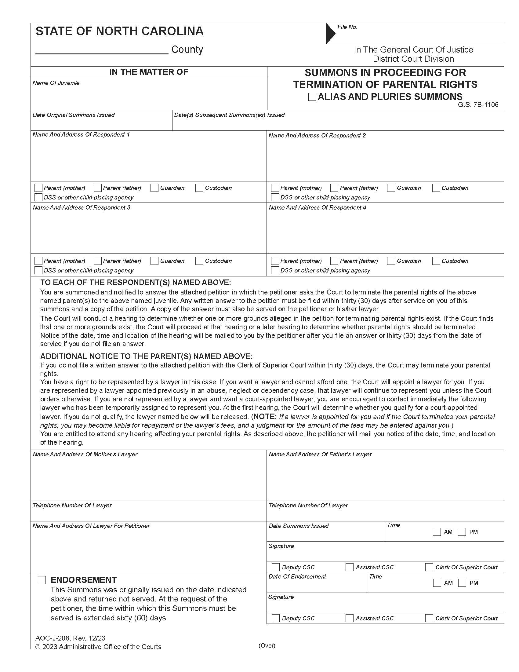 Summons In Proceeding For Termination Of Parental Rights {J-208} | Pdf Fpdf Doc Docx | North Carolina