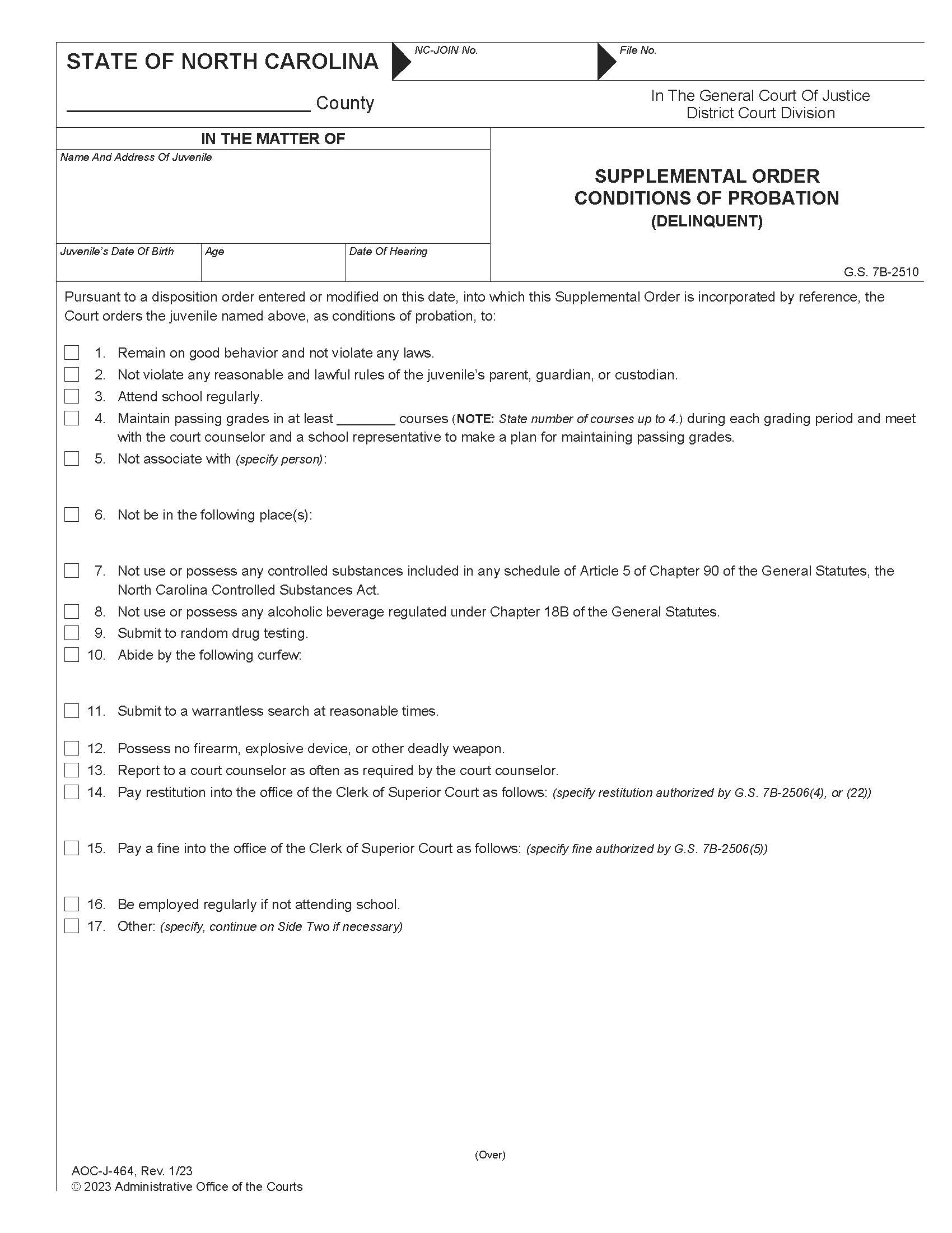 Supplemental Order Conditions Of Probation Delinquent {J-464} | Pdf Fpdf Docx | North Carolina