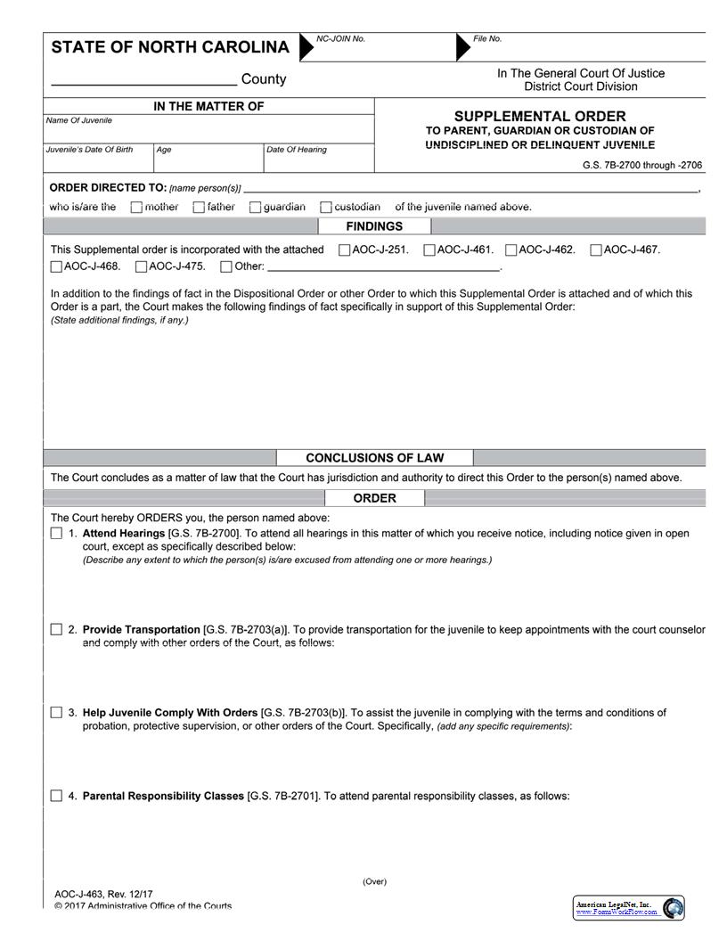 Supplemental Order To Parent Guardian Or Custodian {J-463} | Pdf Fpdf Docx | North Carolina