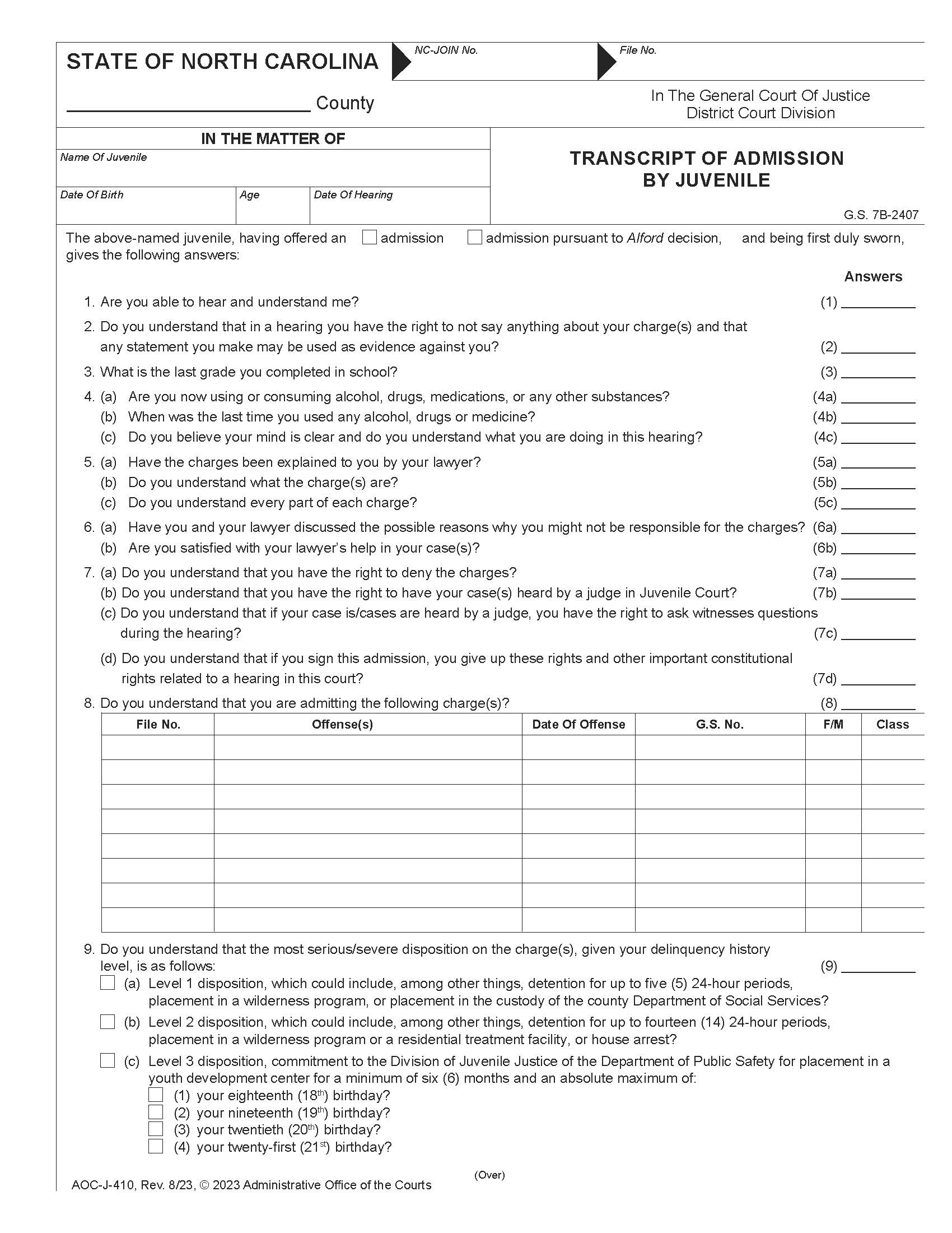 Transcript Of Admission By Juvenile {J-410} | Pdf Fpdf Docx | North Carolina