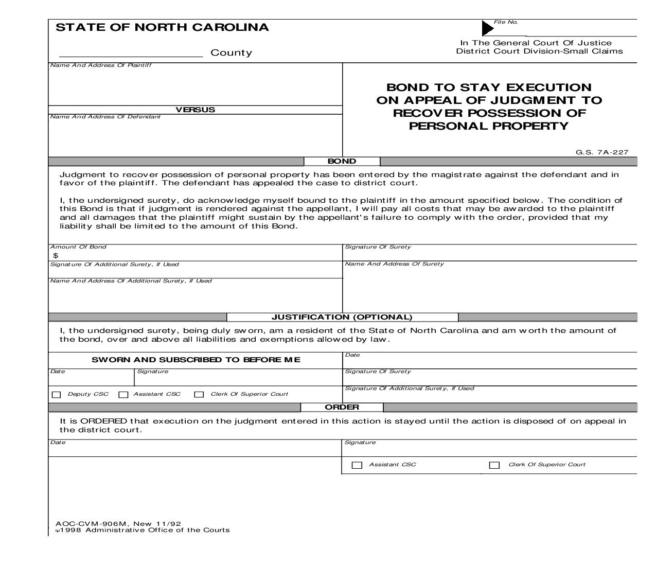 Bond To Stay Execution On Appeal Of Judgment To Recover Possession Of Personal Property {CVM-906M} | Pdf Fpdf Doc Docx | North Carolina