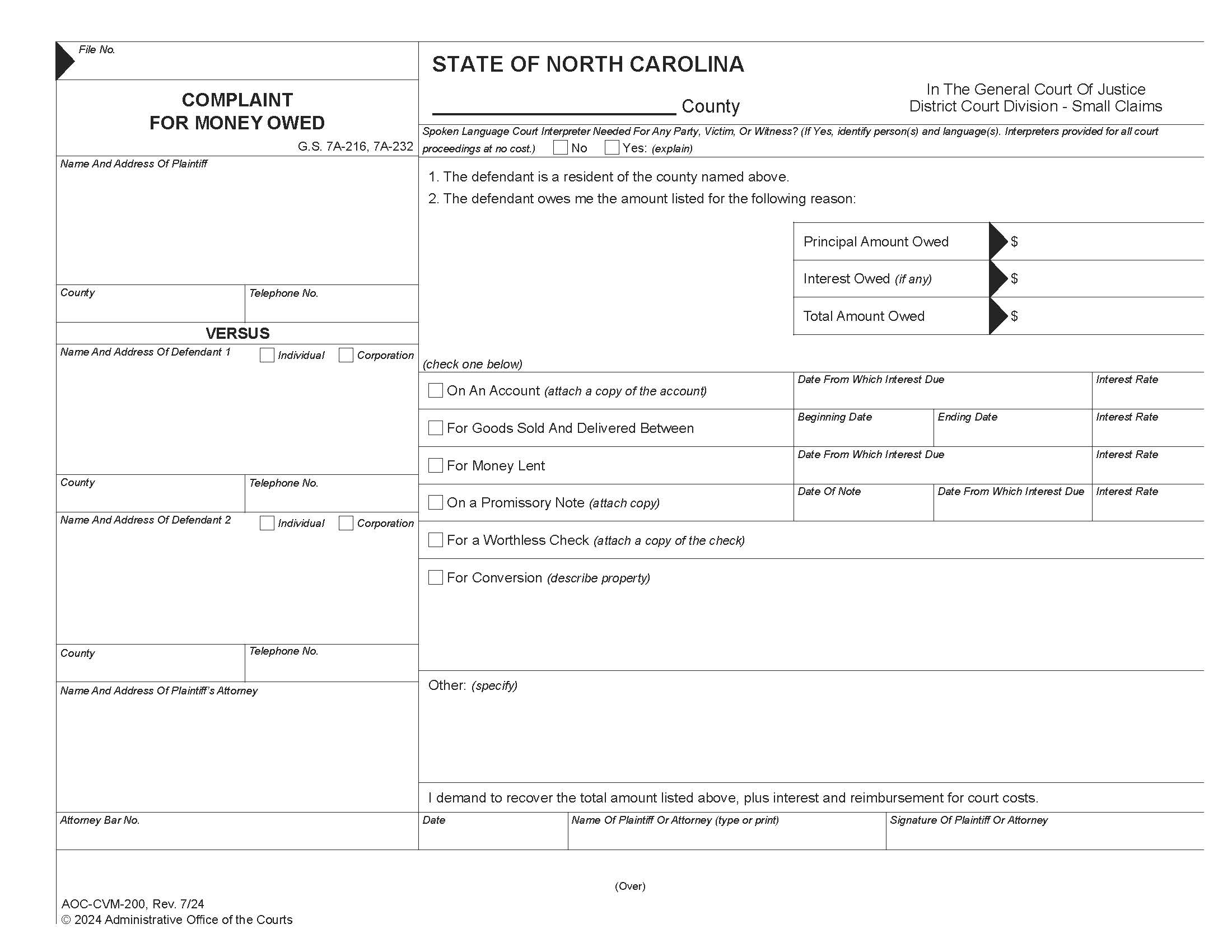 Complaint For Money Owed {CVM-200} | Pdf Fpdf Doc Docx | North Carolina
