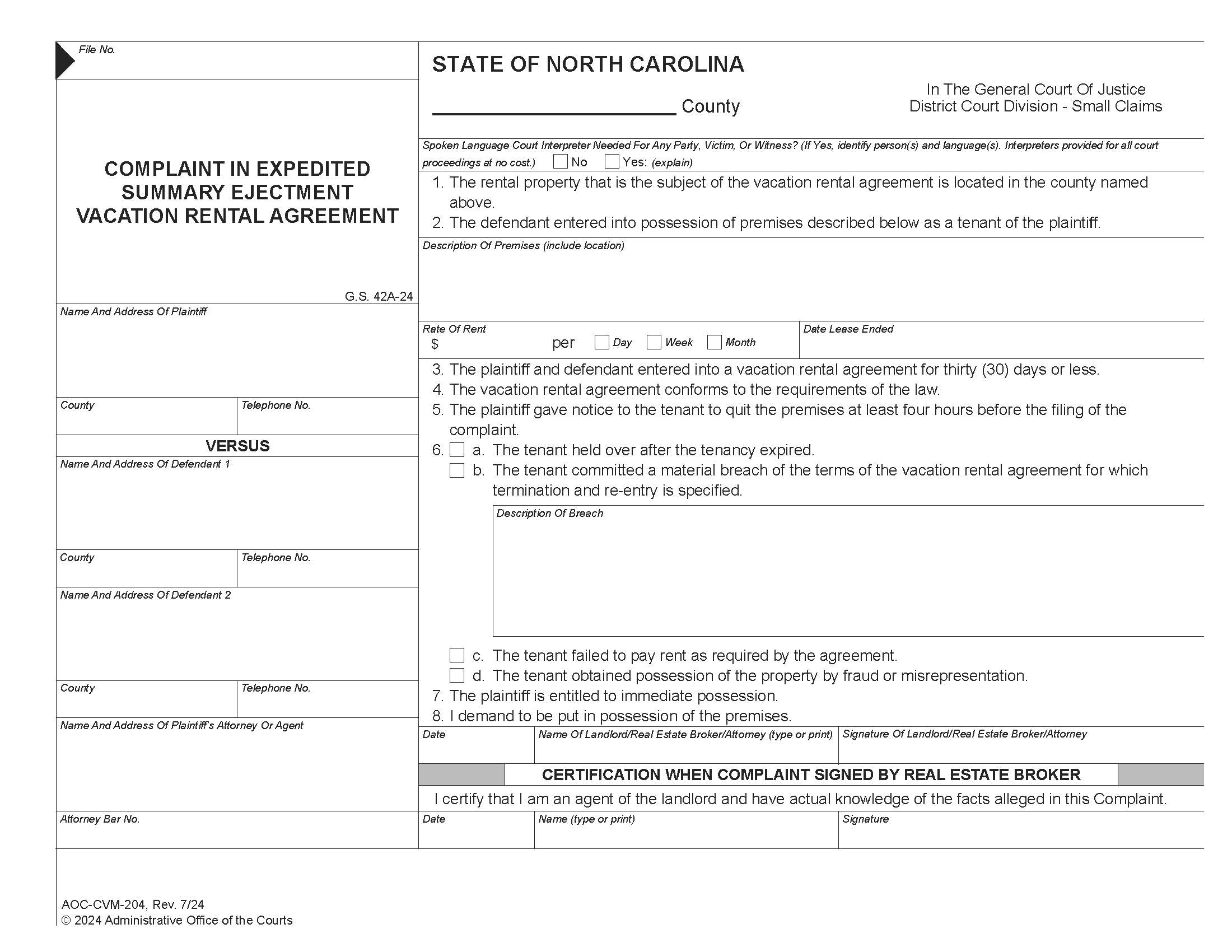 Complaint In Expedited Summary Ejectment Vacation Rental Agreement {CVM-204} | Pdf Fpdf Docx | North Carolina