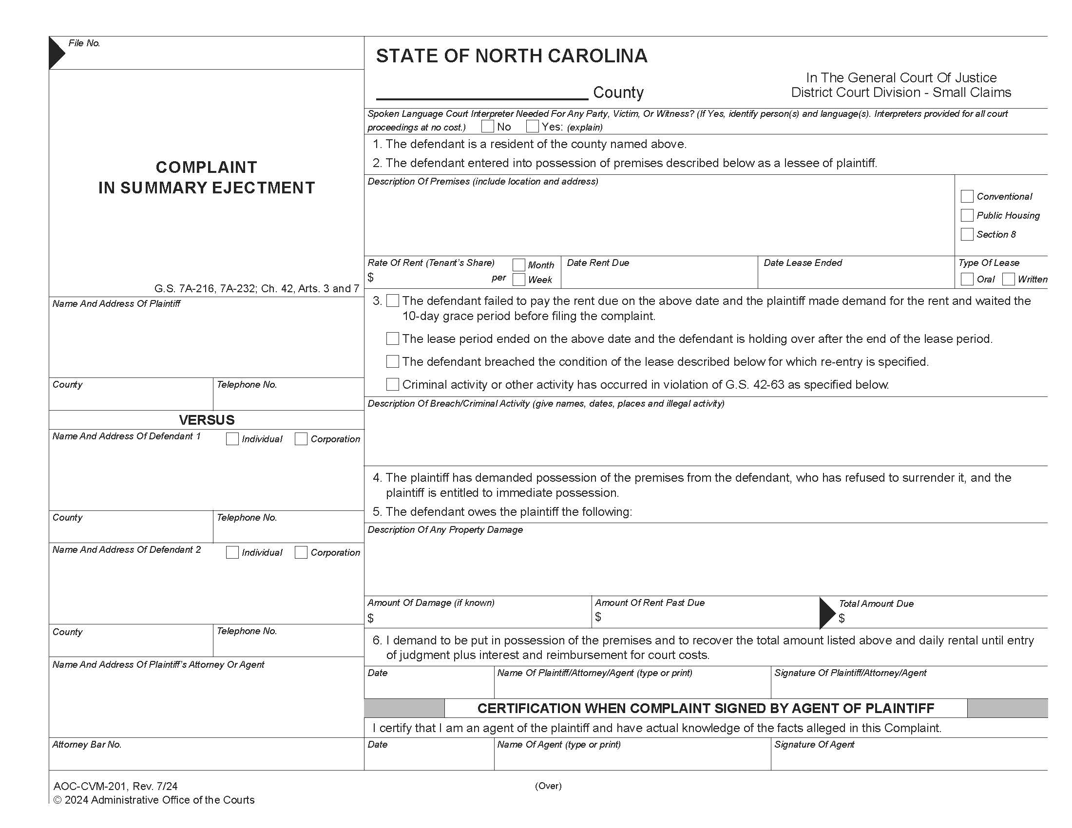 Complaint In Summary Ejectment {CVM-201} | Pdf Fpdf Docx | North Carolina