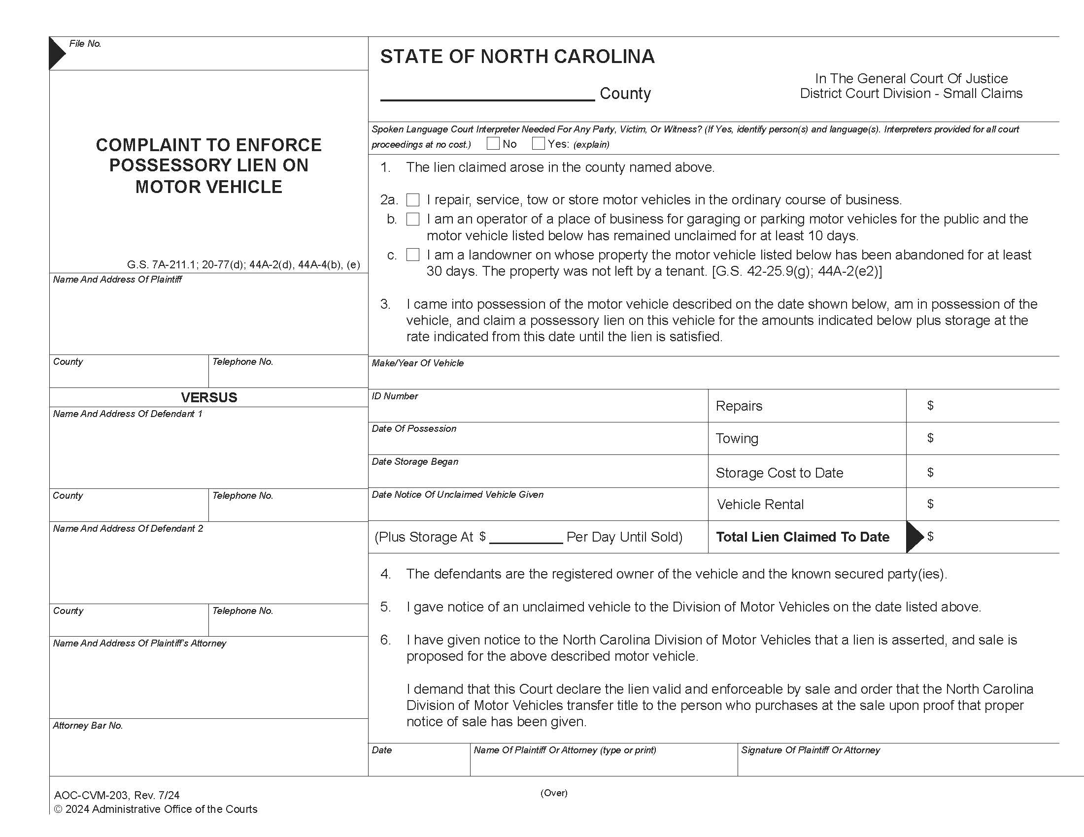 Complaint To Enforce Possessory Lien On Motor Vehicle {CVM-203} | Pdf Fpdf Docx | North Carolina