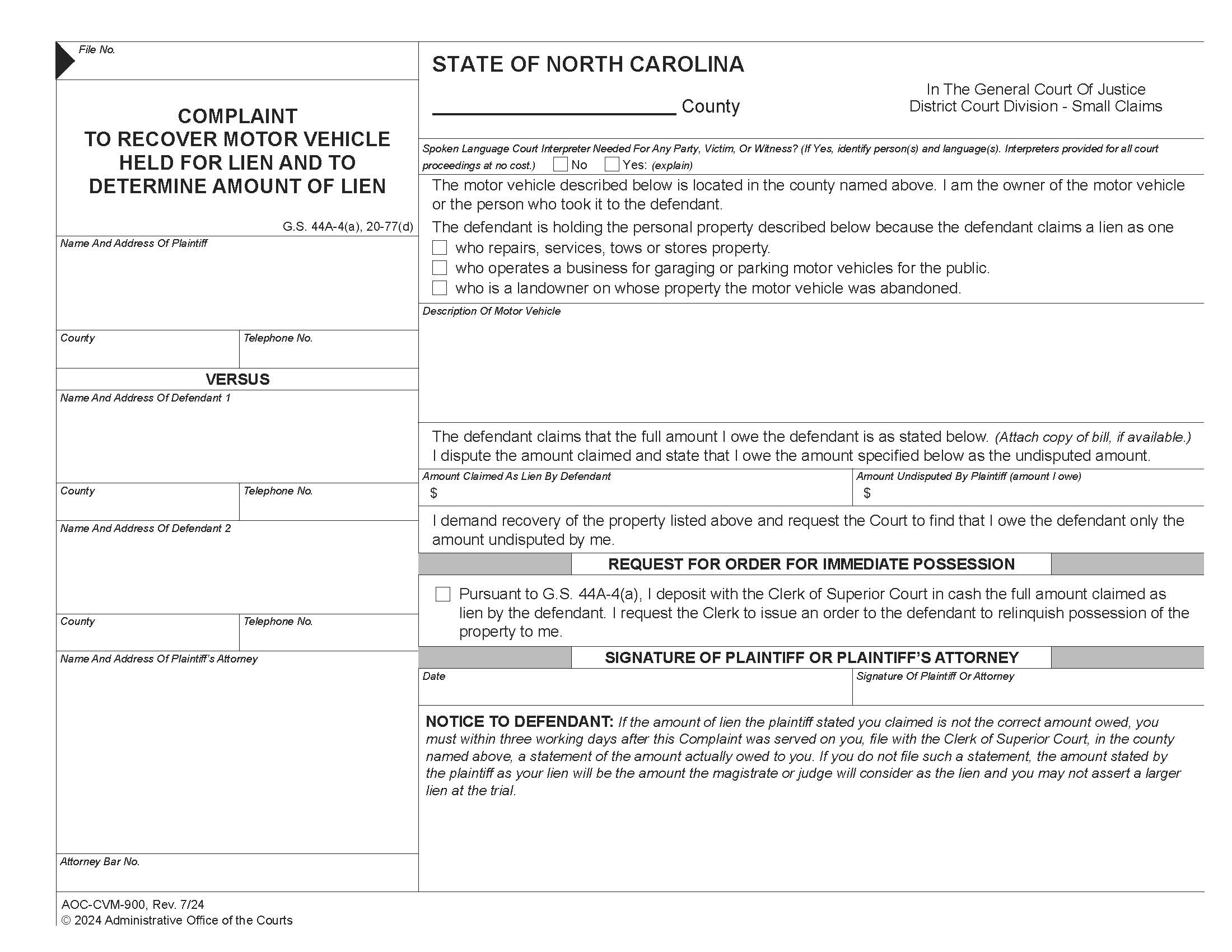 Complaint To Recover Motor Vehicle Held For Lien And To Determine Amount Of Lien {CVM-900M} | Pdf Fpdf Docx | North Carolina