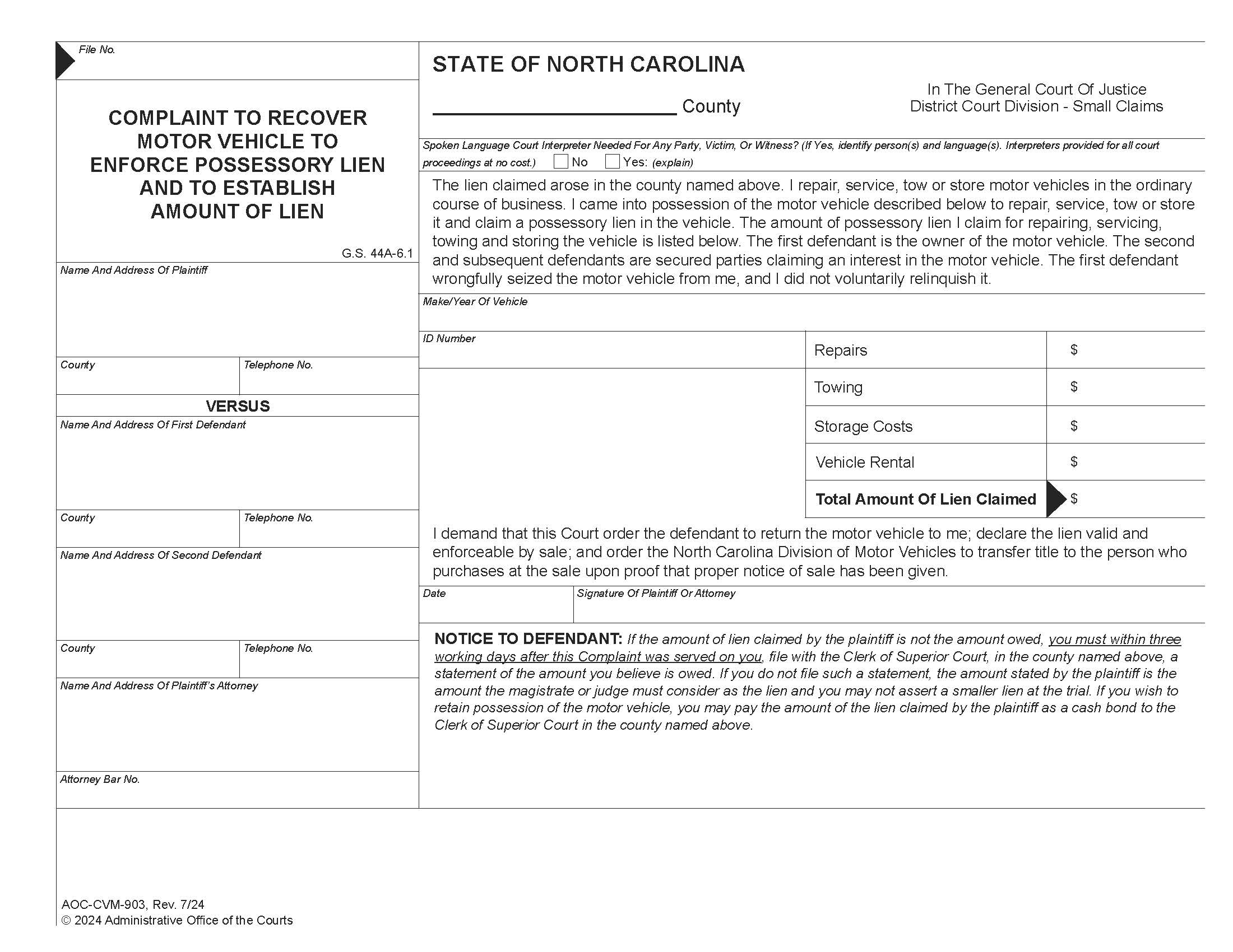Complaint To Recover Motor Vehicle To Enforce Possessory Lien And To Establish Amount Of Lien {CVM-903M} | Pdf Fpdf Docx | North Carolina