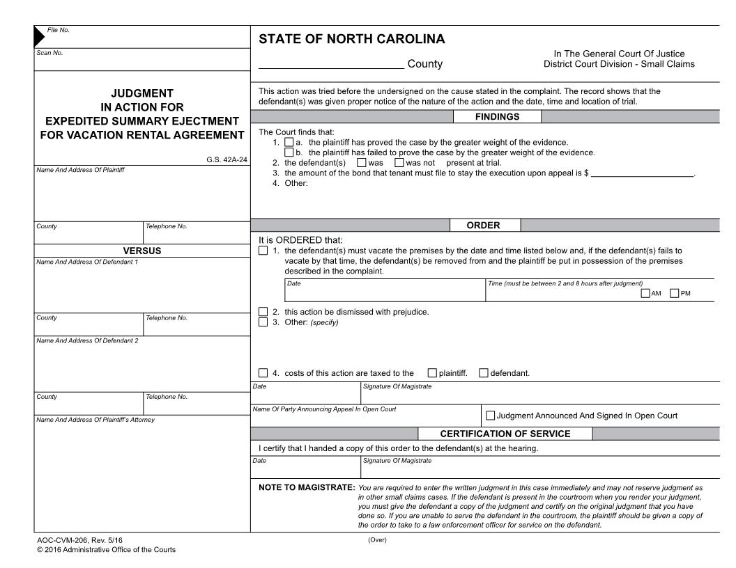 Judgment In Action For Expedited Summary Ejectment For Vacation Rental Agreement {CVM-206} | Pdf Fpdf Docx | North Carolina