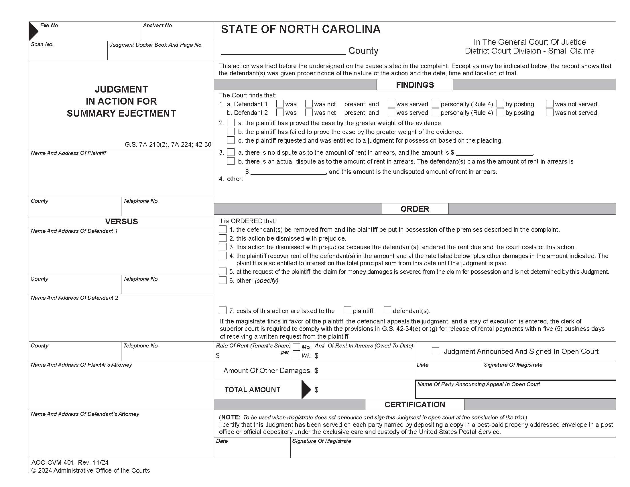 Judgment In Action For Summary Ejectment {CVM-401} | Pdf Fpdf Docx | North Carolina