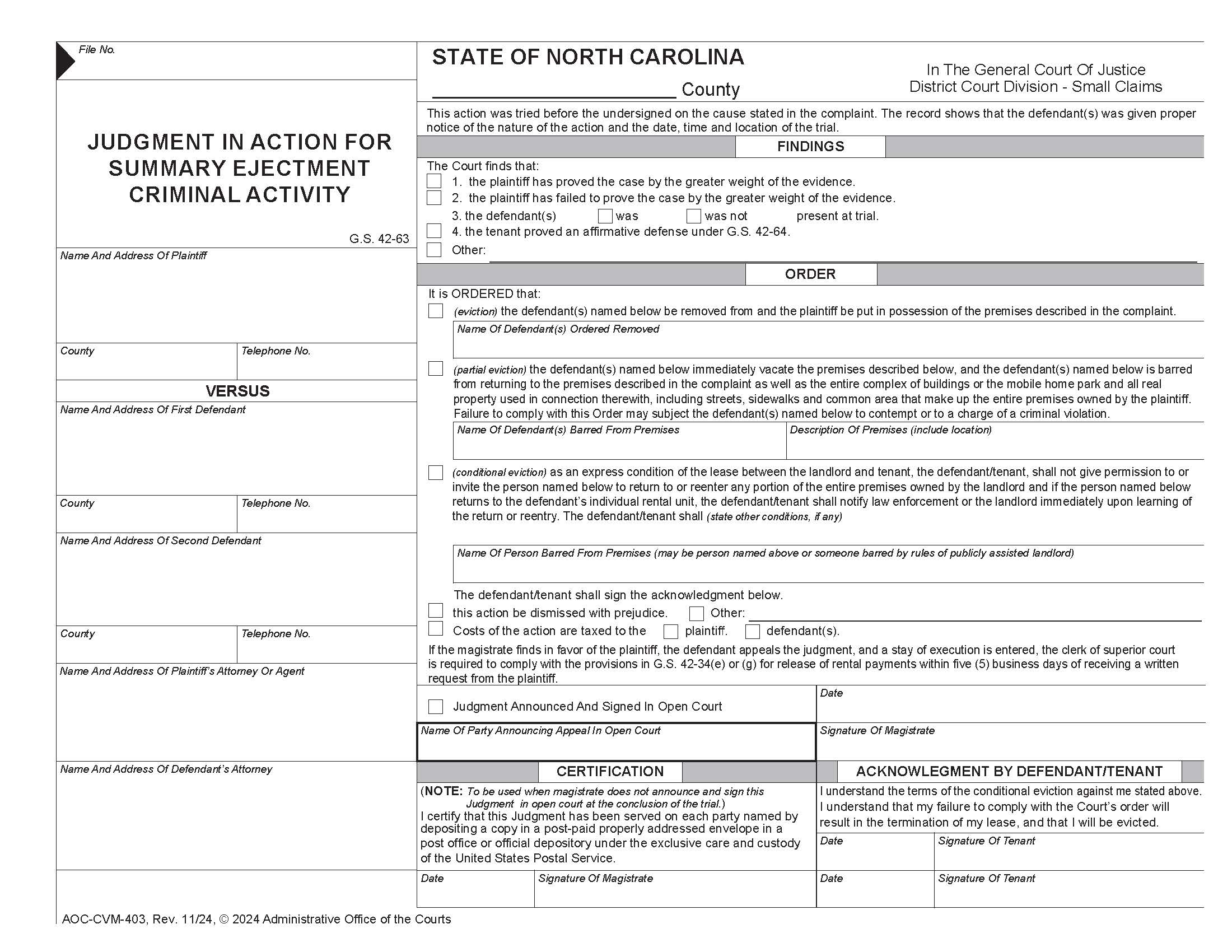 Judgment In Action For Summary Ejectment Criminal Activity {CVM-403} | Pdf Fpdf Doc Docx | North Carolina