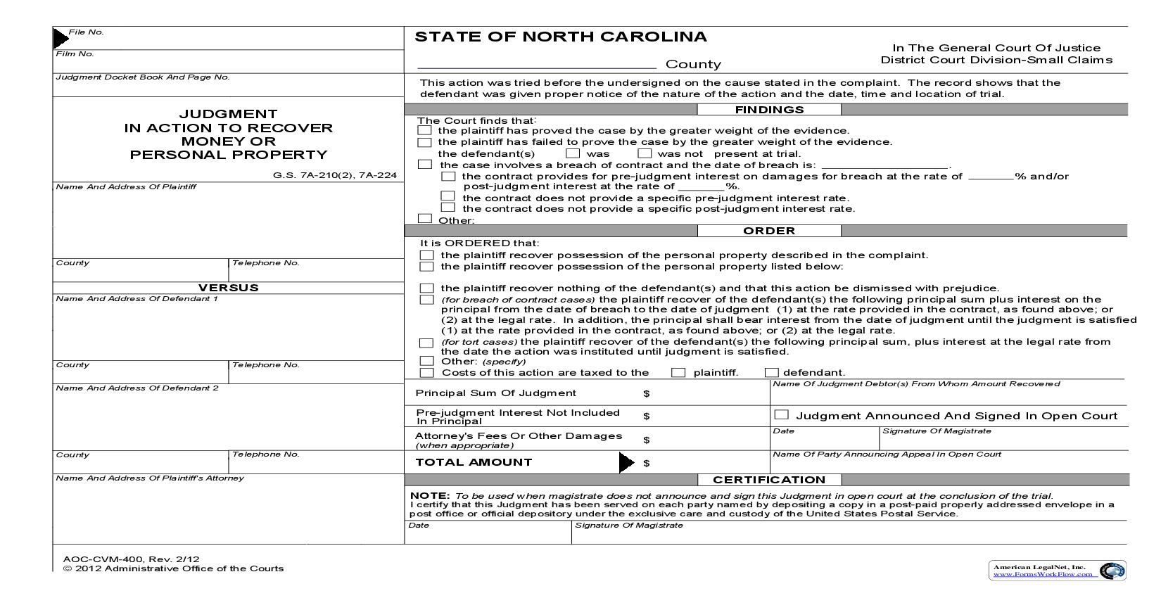 Judgment In Action To Recover Money Or Personal Property {CVM-400} | Pdf Fpdf Doc Docx | North Carolina