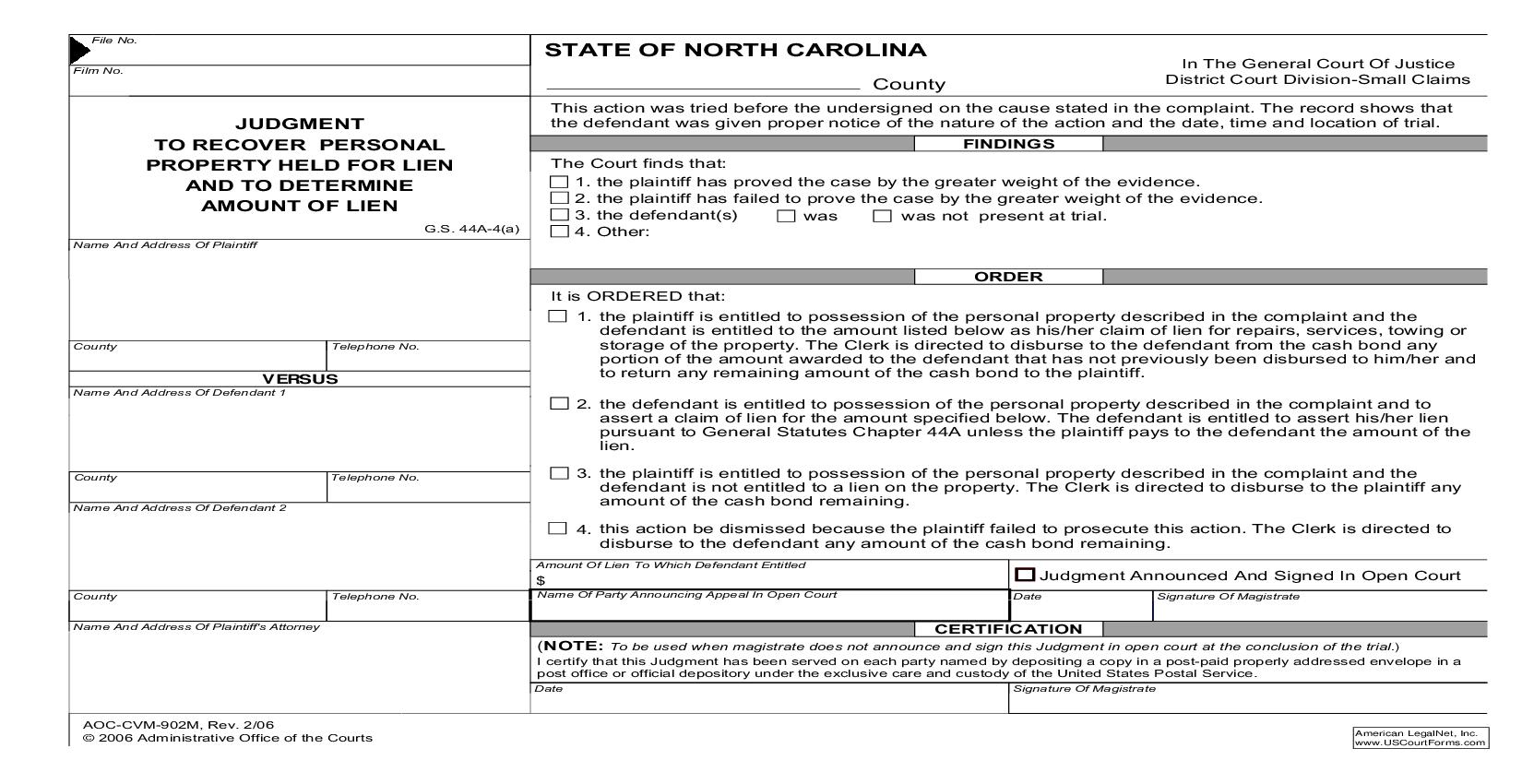 Judgment To Recover Personal Property Held For Lien And To Determine  Amount Of Lien {CVM-902M} | Pdf Fpdf Doc Docx | North Carolina