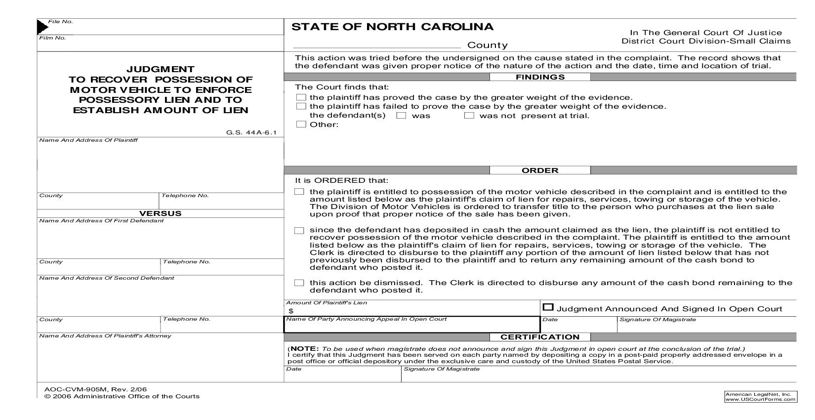 Judgment To Recover Possession Of Motor Vehicle To Enforce Possessory Lien And To Establish Amount Of Lien {CVM-905M} | Pdf Fpdf Doc Docx | North Carolina