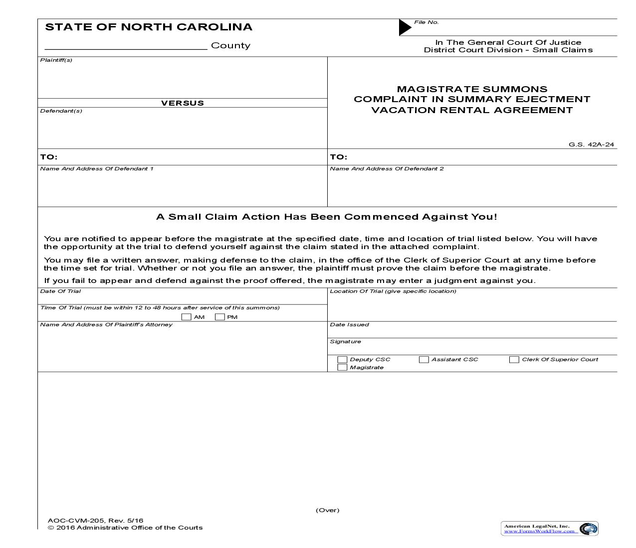 Magistrate Summons Complaint In Summary Ejectment Vacation Rental Agreement {CVM-205} | Pdf Fpdf Doc Docx | North Carolina