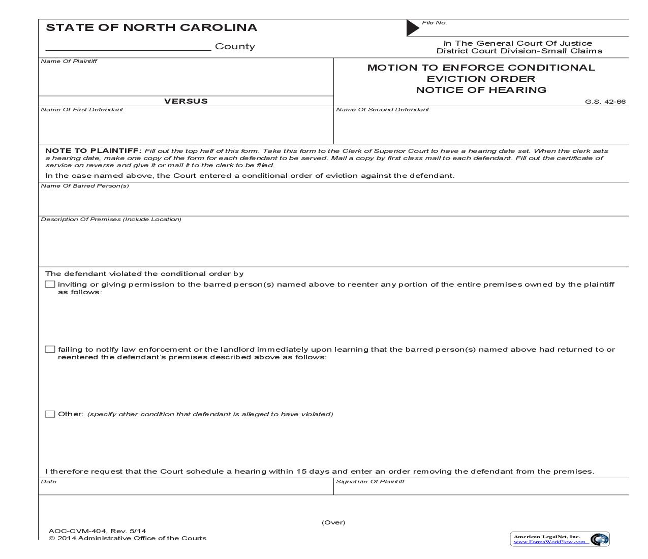 Motion To Enforce Conditional Eviction Order Notice Of Hearing {CVM-404} | Pdf Fpdf Doc Docx | North Carolina
