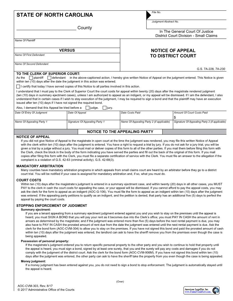Notice Of Appeal To District Court {CVM-303} | Pdf Fpdf Docx | North Carolina