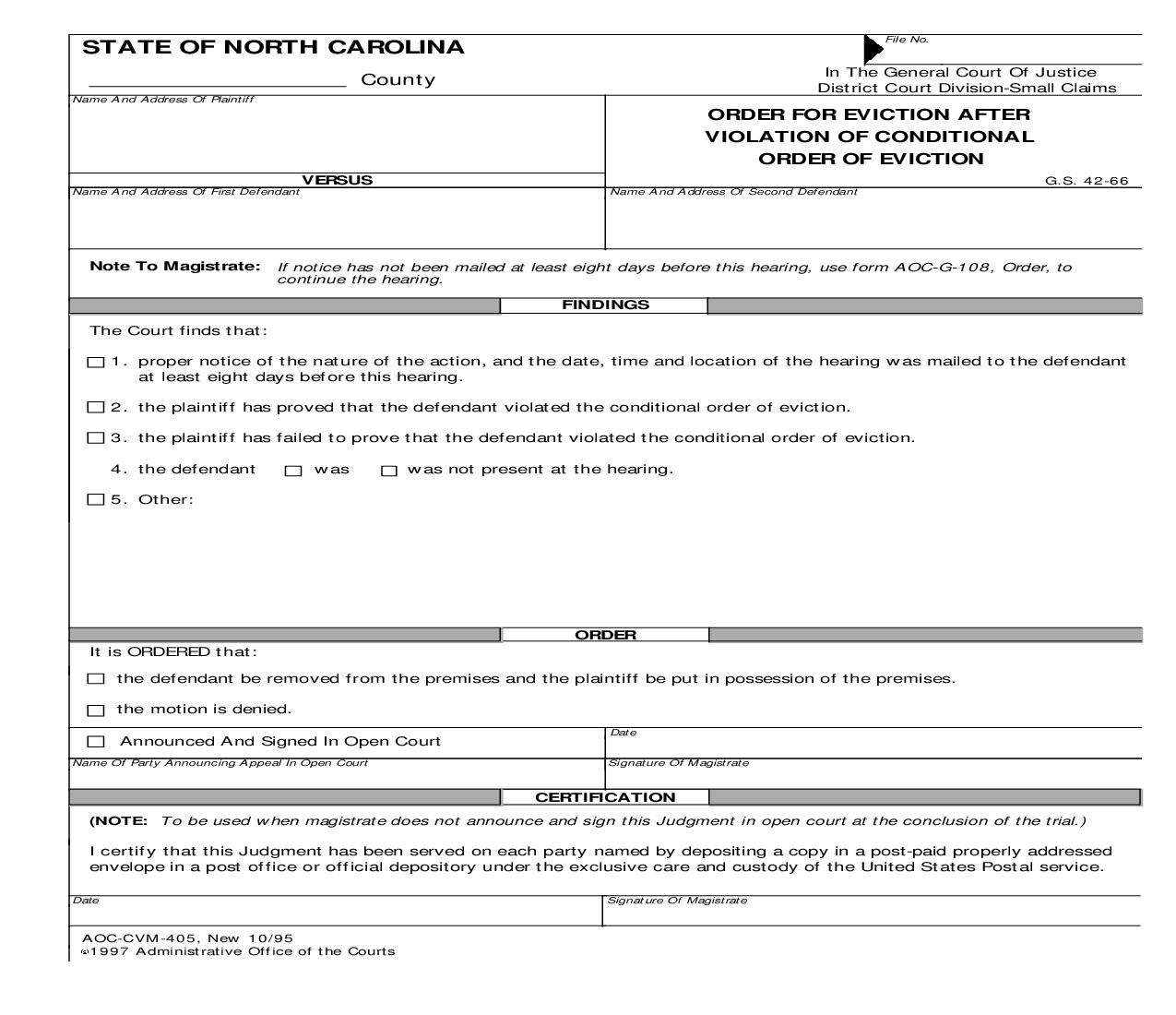 Order For Eviction After Violation Of Conditional Order Of Eviction {CVM-405} | Pdf Fpdf Doc Docx | North Carolina