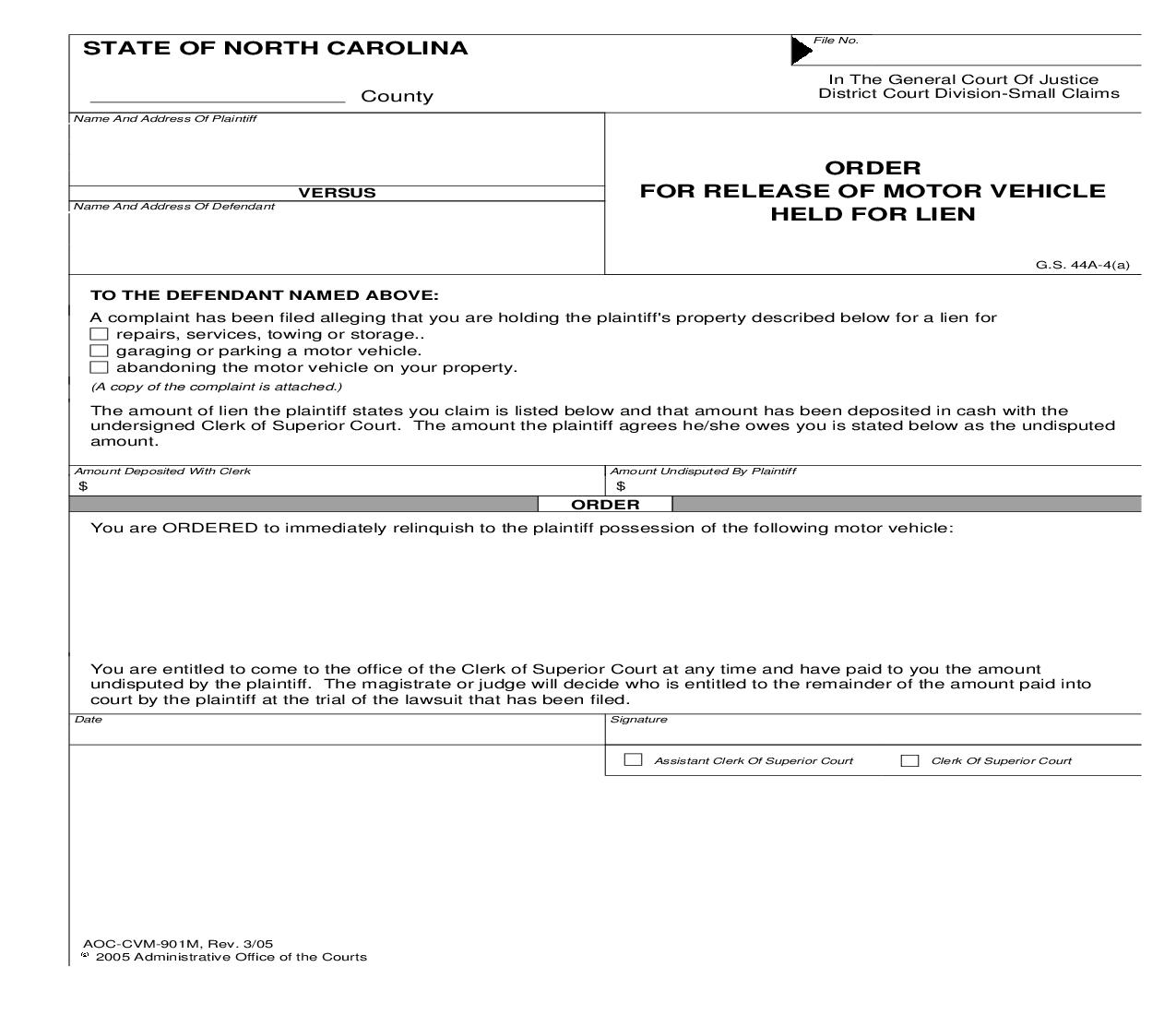Order For Release Of Motor Vehicle Held For Lien {CVM-901M} | Pdf Fpdf Doc Docx | North Carolina