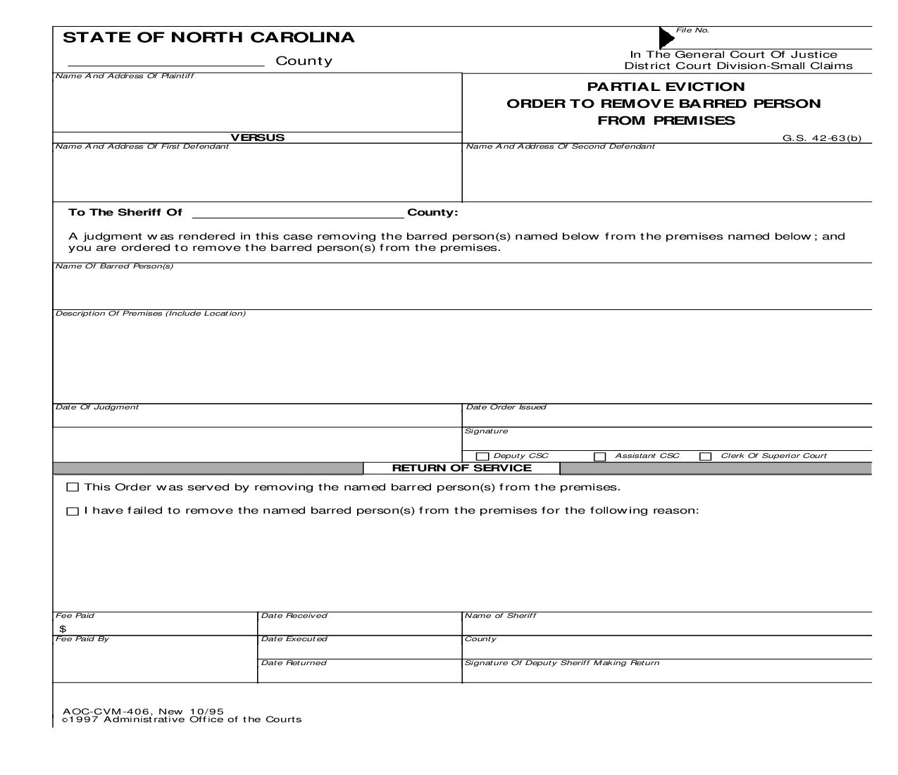 Partial Eviction Order To Remove Barred Person From Premises {CVM-406} | Pdf Fpdf Doc Docx | North Carolina