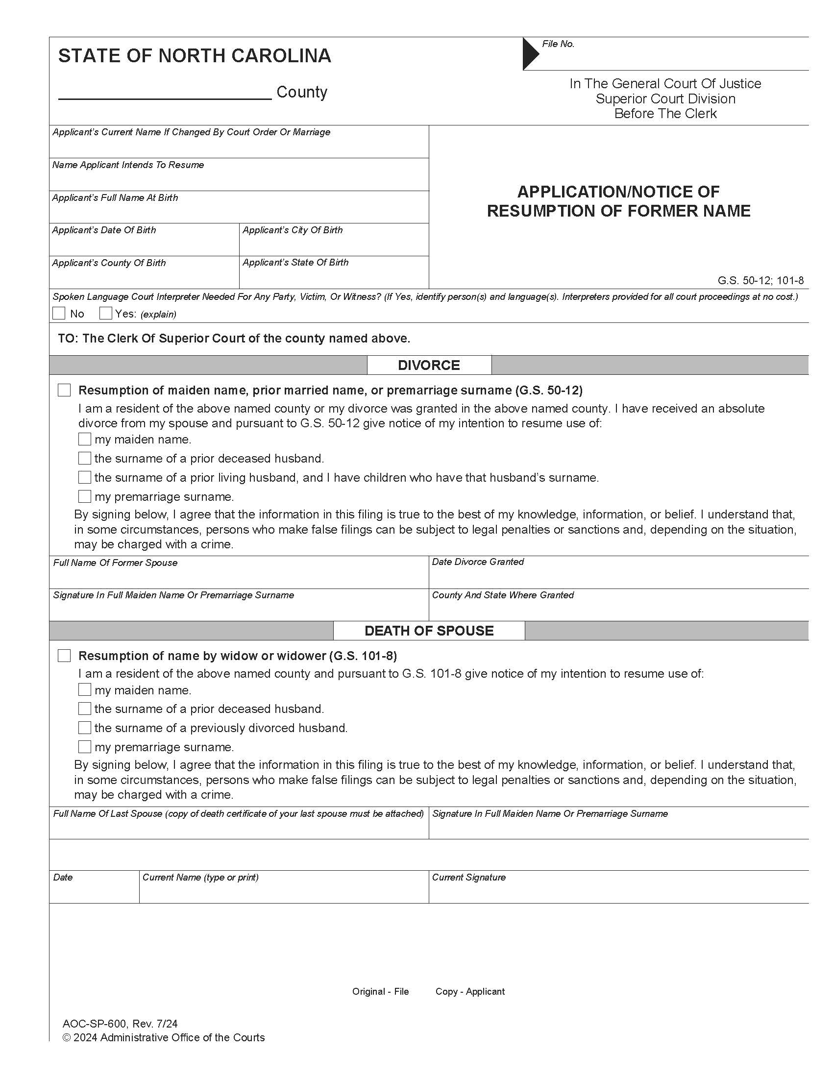 Application Notice Of Resumption Of Former Name {SP-600} | Pdf Fpdf Doc Docx | North Carolina
