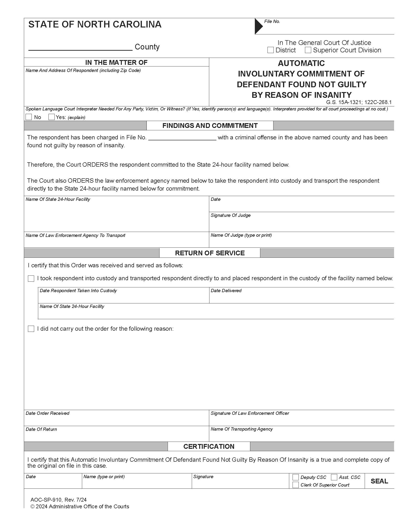 Automatic Involuntary Commitment Of Defendant Found Not Guilty By Reason Of Insanity {SP-910M} | Pdf Fpdf Doc Docx | North Carolina