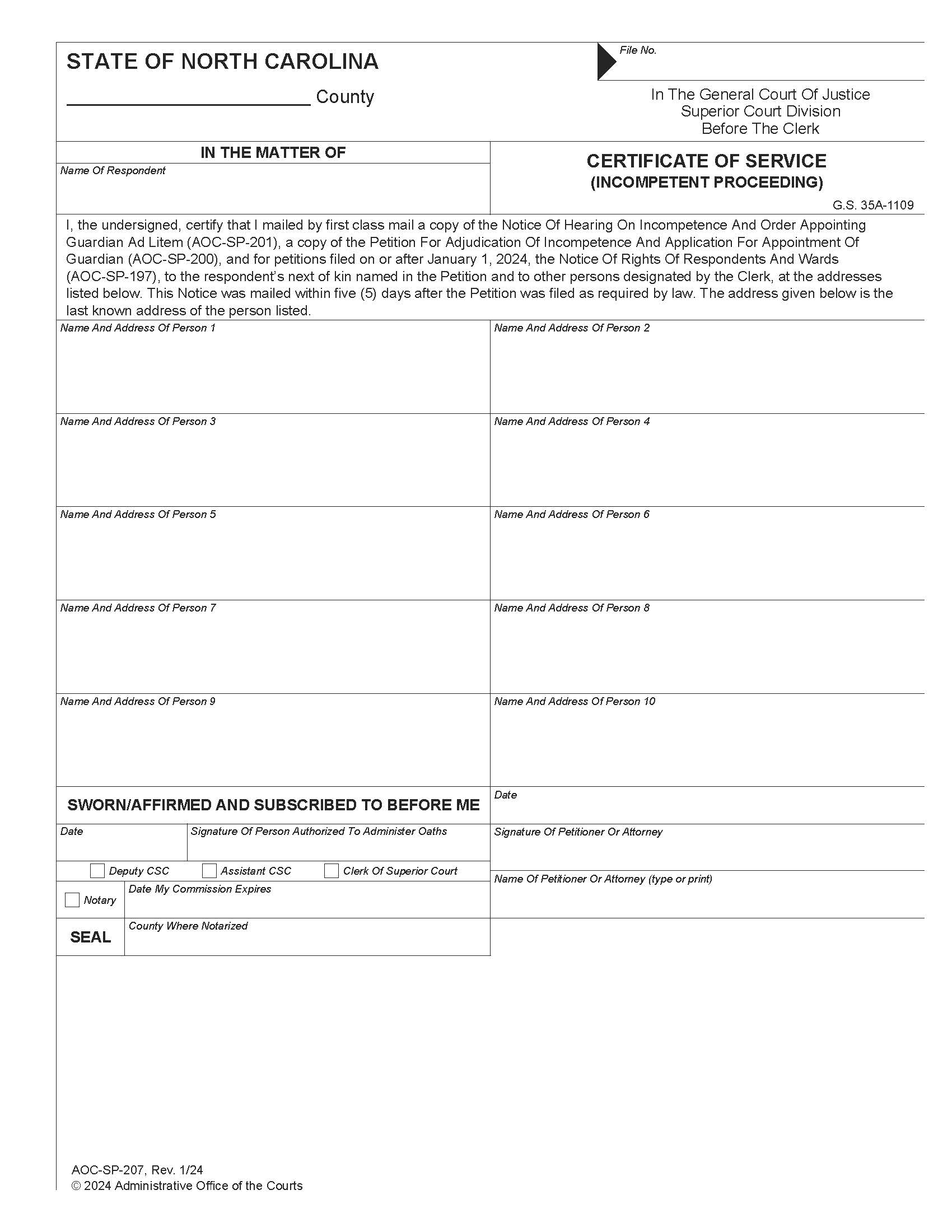 Certificate Of Service {SP-207} | Pdf Fpdf Doc Docx | North Carolina