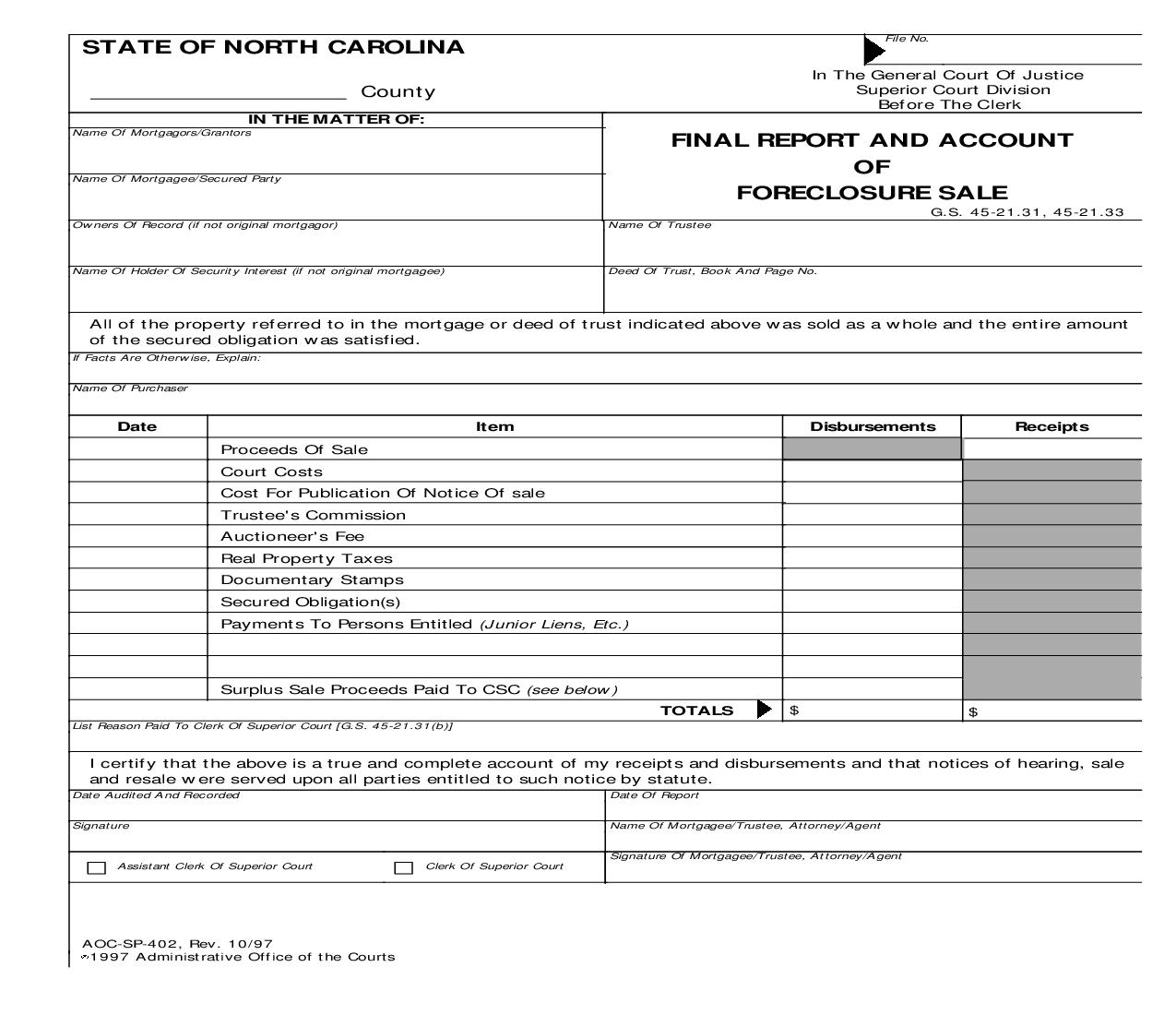 Final Report And Account Of Foreclosure Sale {SP-402} | Pdf Fpdf Doc Docx | North Carolina