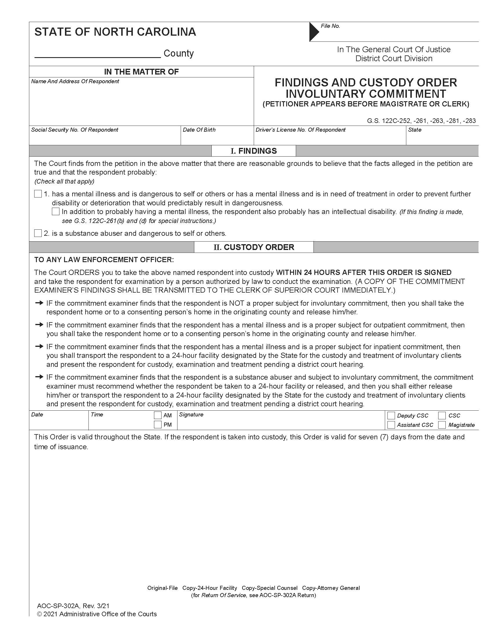 Findings And Custody Order Involuntary Commitment {SP-302A} | Pdf Fpdf Doc Docx | North Carolina