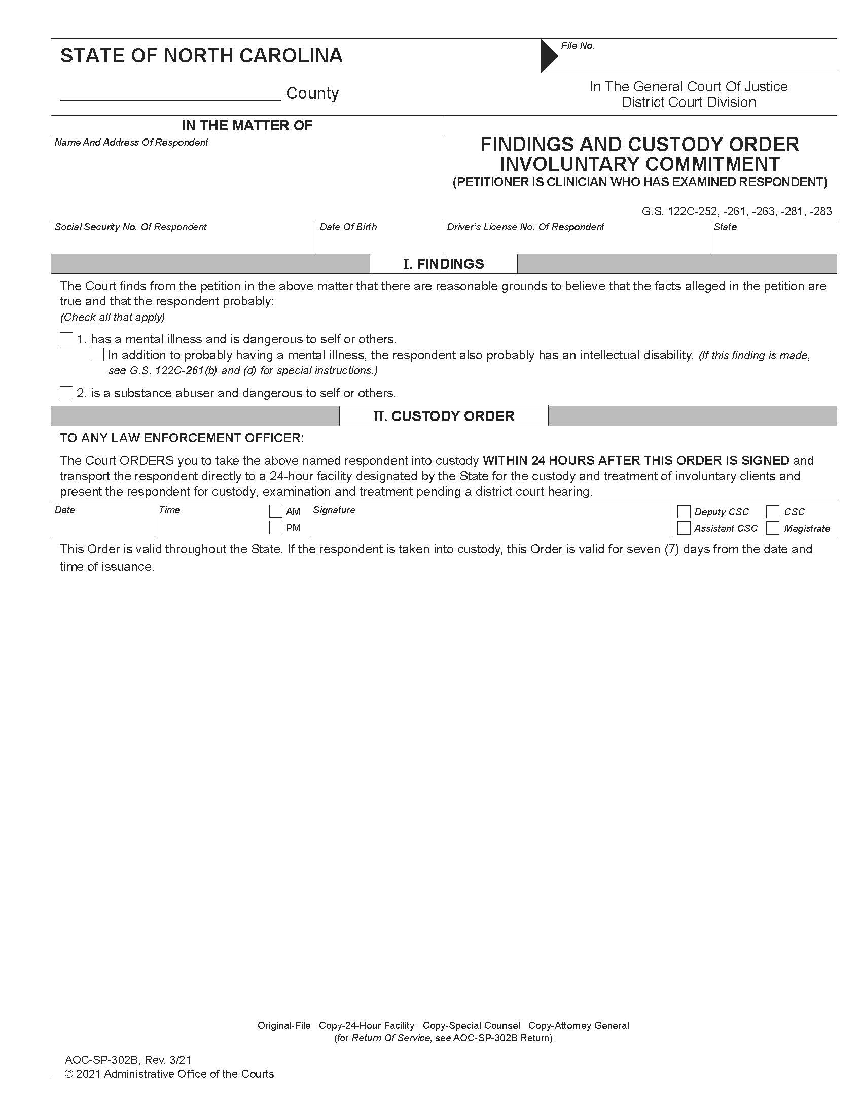 Findings And Custody Order Involuntary Commitment {SP-302B} | Pdf Fpdf Doc Docx | North Carolina