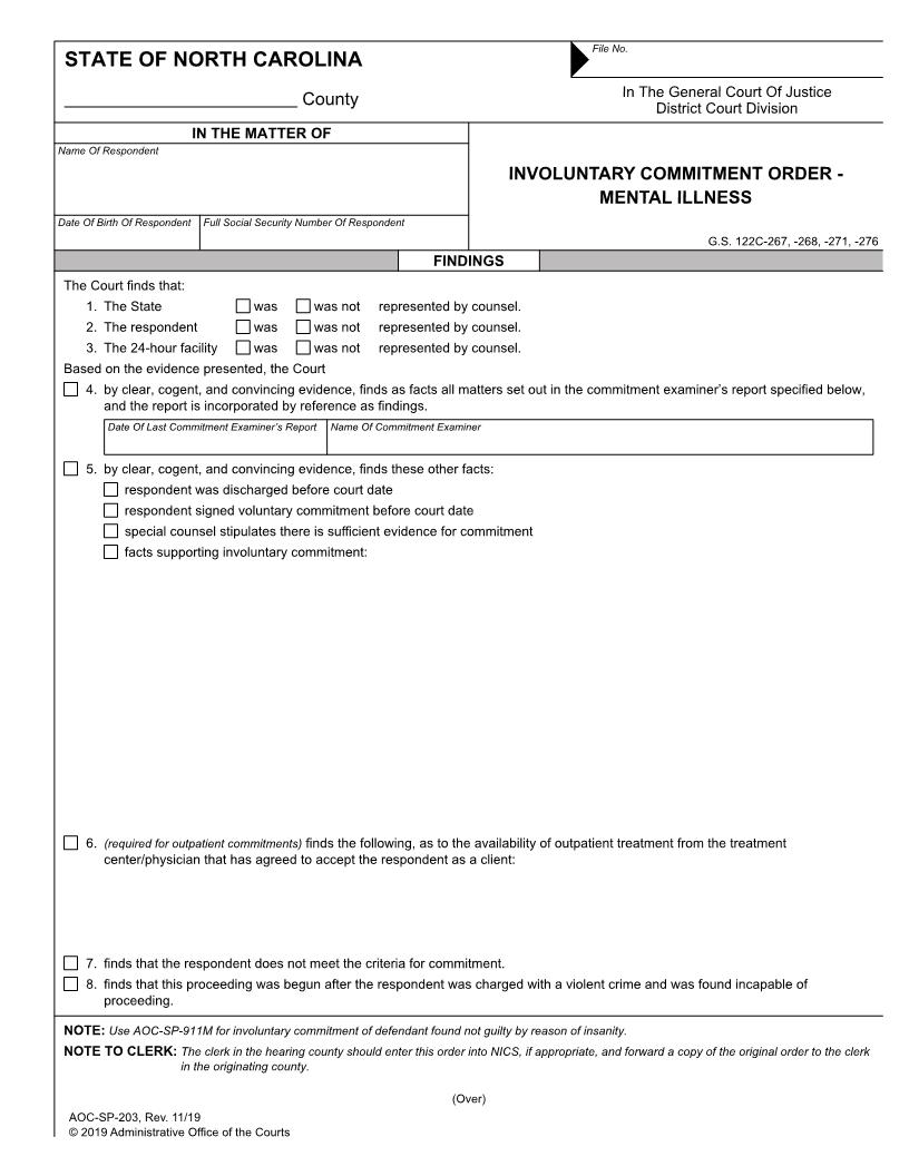 Involuntary Commitment Order Mentally Ill {SP-203} | Pdf Fpdf Doc Docx | North Carolina