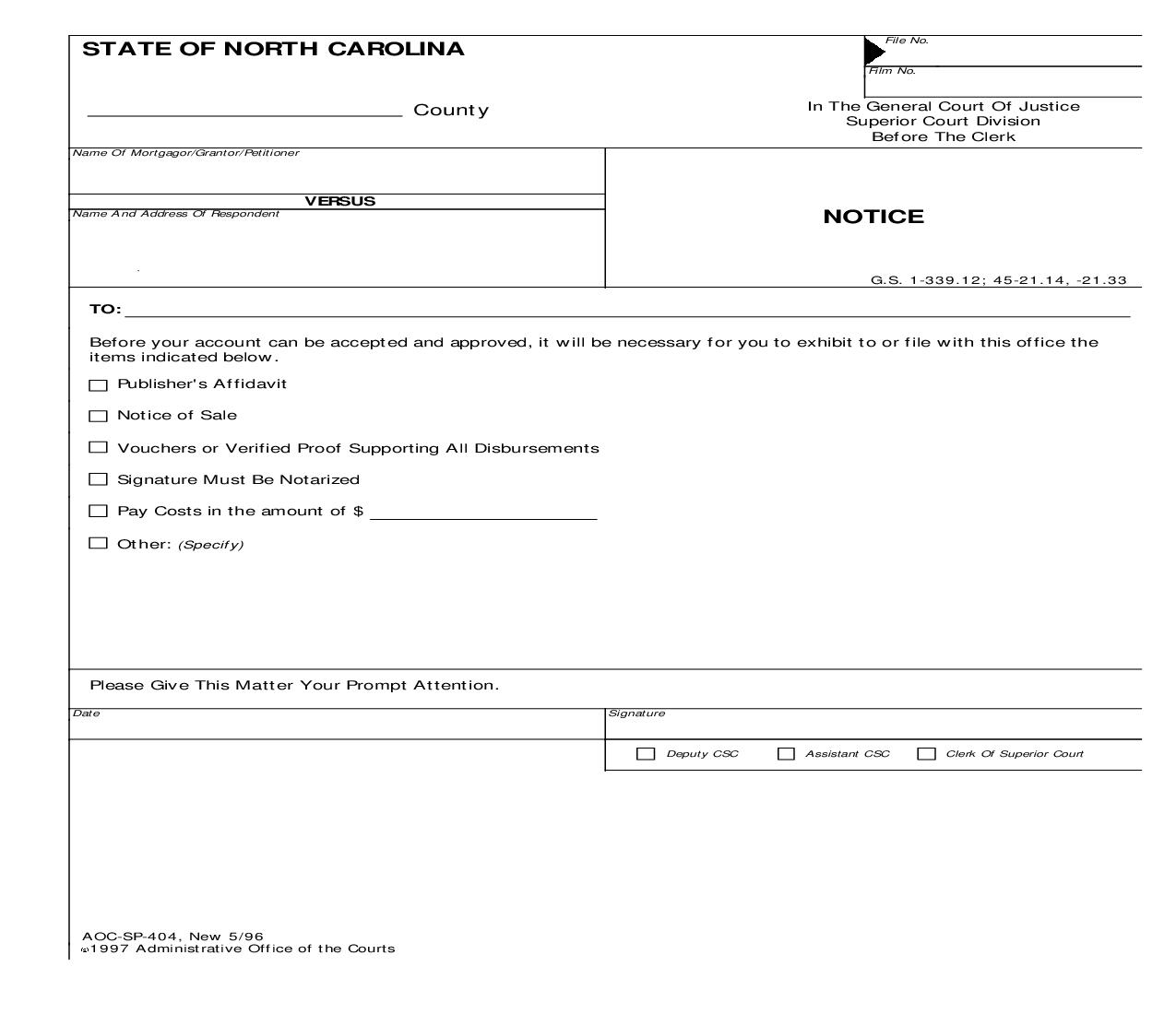 Notice {SP-404} | Pdf Fpdf Doc Docx | North Carolina