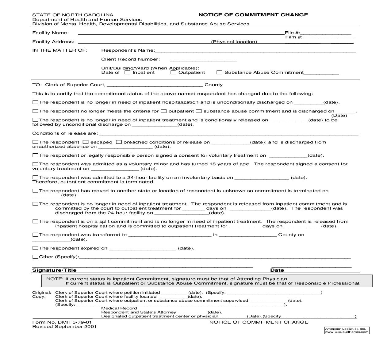 Notice Of Commitment Change {DMH 5-79-01} | Pdf Fpdf Doc Docx | North Carolina