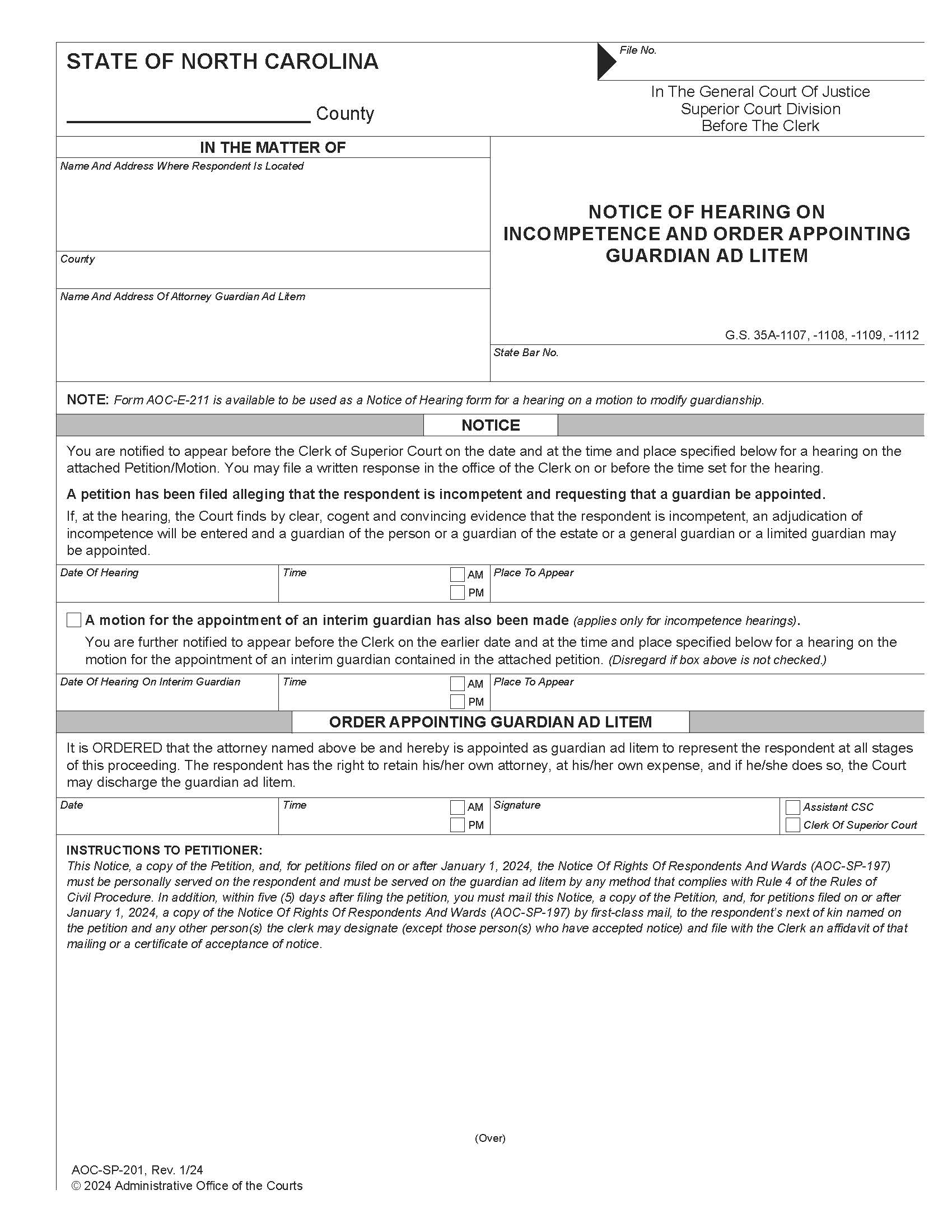 Notice Of Hearing On Incompetence And Order Appointing Guardian Ad Litem {SP-201} | Pdf Fpdf Docx | North Carolina