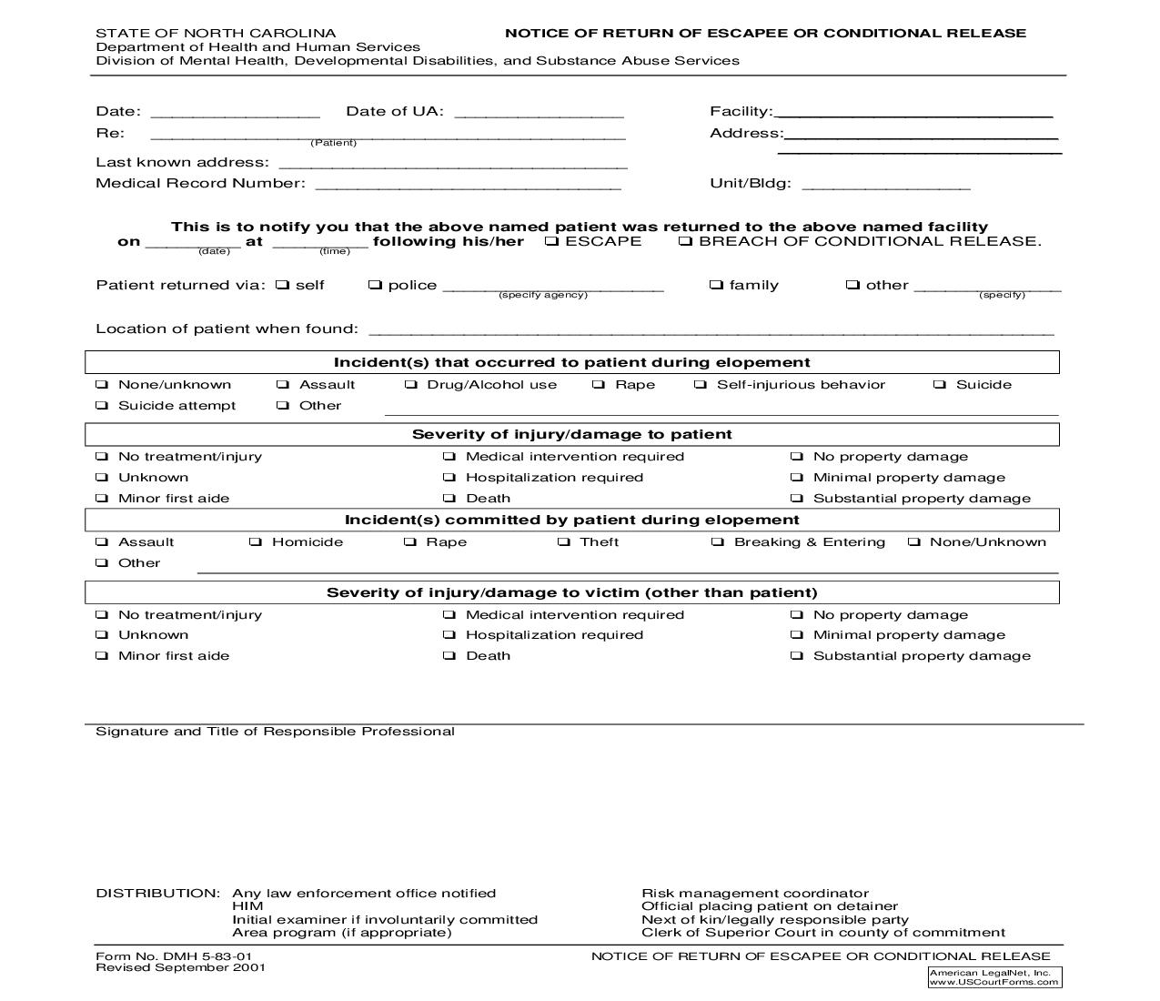 Notice Of Return Of Escapee Or Conditional Releasee {DMH 5-83-01} | Pdf Fpdf Doc Docx | North Carolina