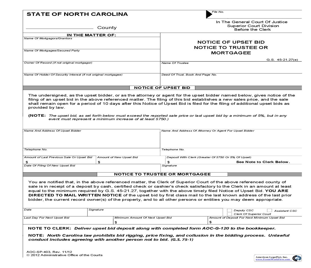 Notice Of Upset Bid Notice To Trustee Or Mortgagee {SP-403} | Pdf Fpdf Doc Docx | North Carolina