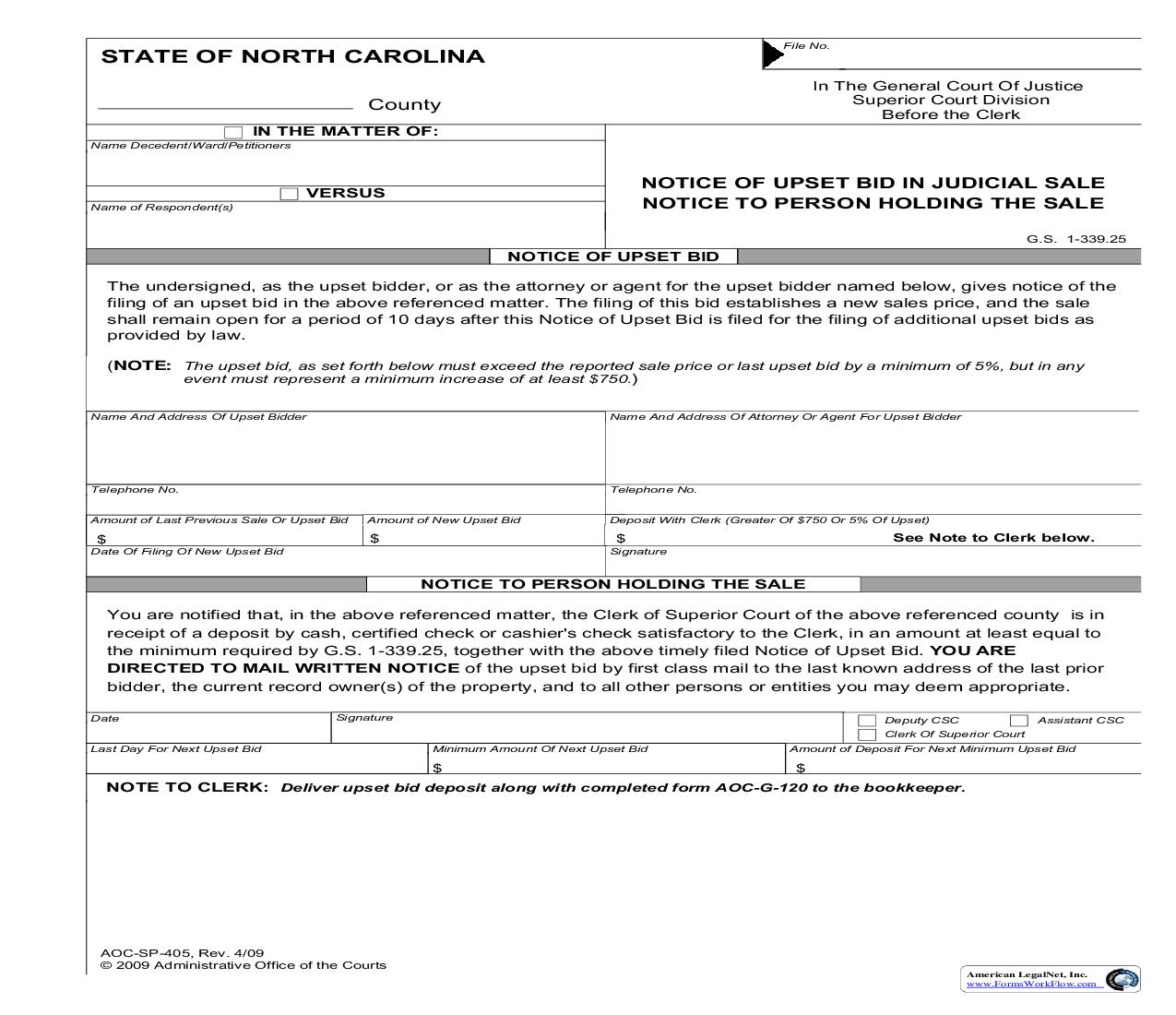 Notice Of Upset Bid On Judicial Sale Notice To Person Holding The Sale {SP-405} | Pdf Fpdf Doc Docx | North Carolina