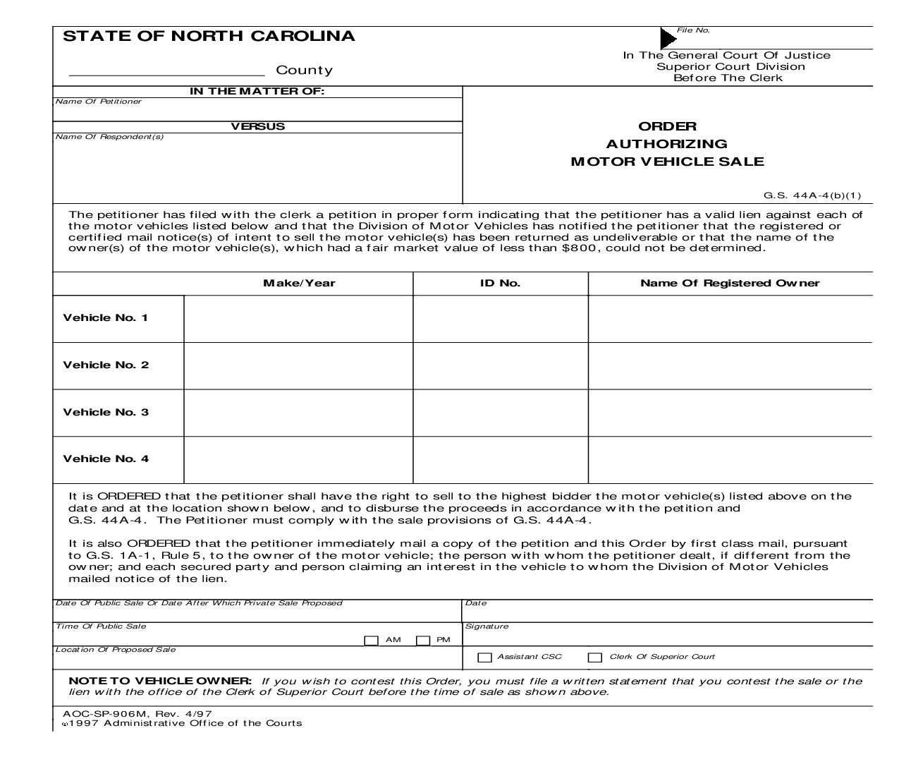 Order Authorizing Motor Vehicle Sale {SP-906M} | Pdf Fpdf Doc Docx | North Carolina