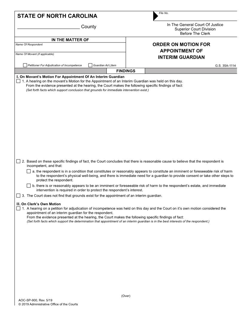 Order On Motion For Appointment Of Interim Guardian {SP-900} | Pdf Fpdf Docx | North Carolina